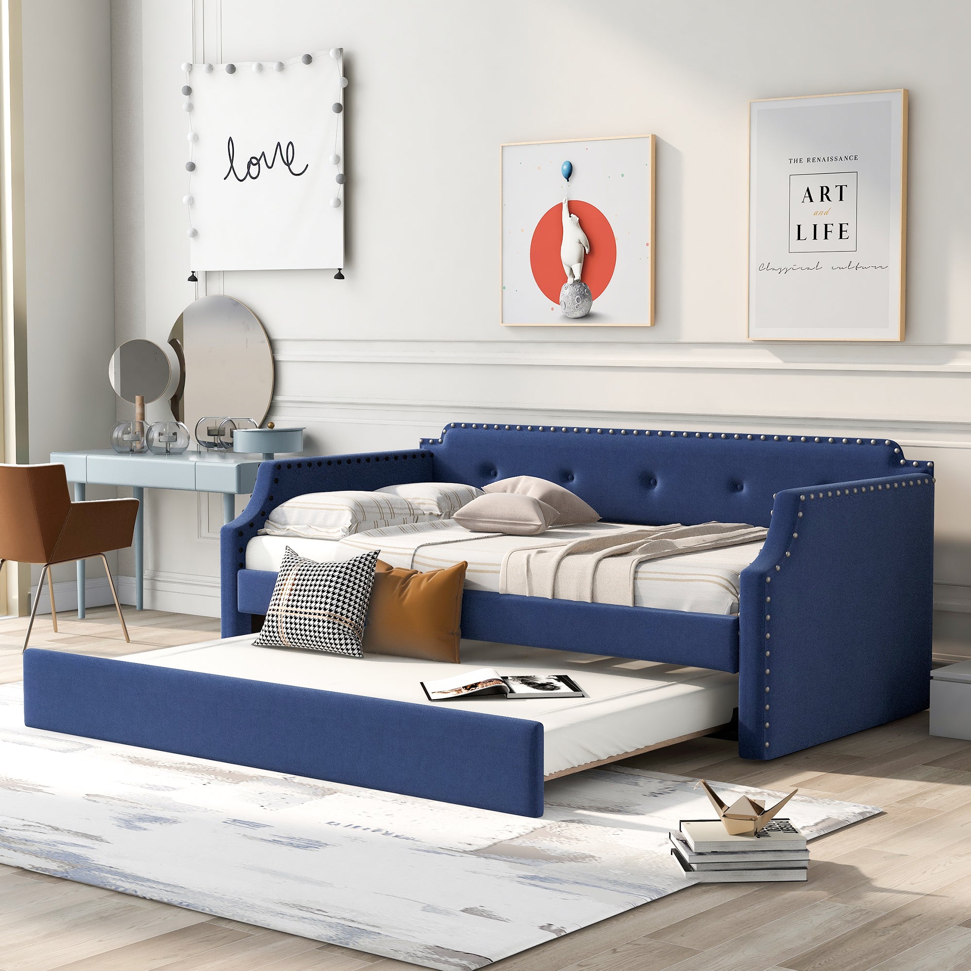Upholstered Daybed with Trundle, Wood Slat blue-linen