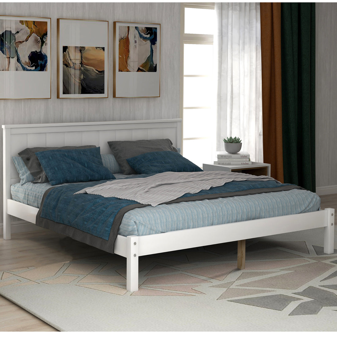 Platform Bed Frame With Headboardwood Slat Supportno Box Spring Needed ,Full,White Old Sku:Wf191419Aak Full White Pine