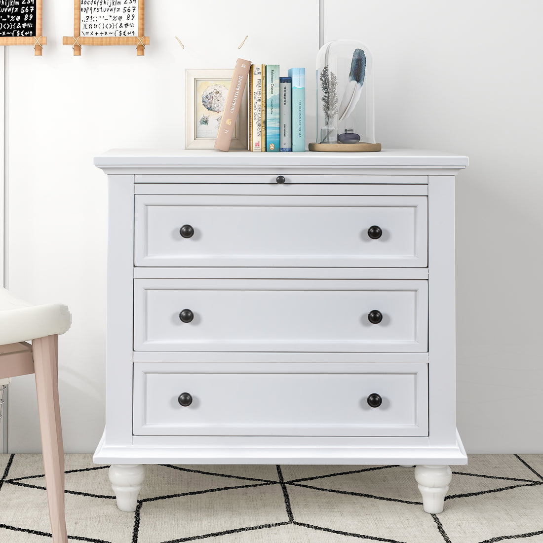 U STYLE 3 Drawer Storage Wood Cabinet, End Table with white-pine