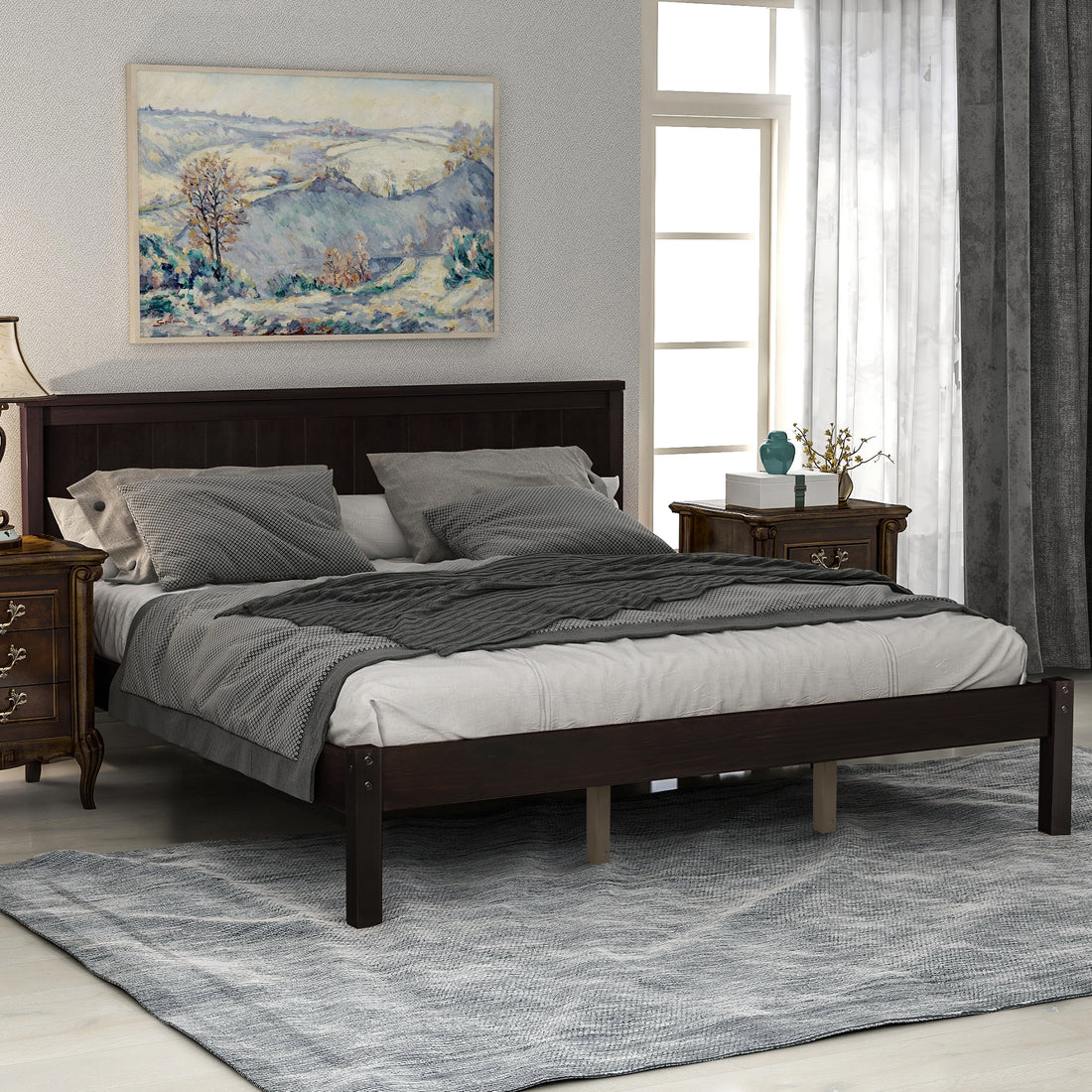 Platform Bed Frame With Headboard, Wood Slat Support, No Box Spring Needed, Queen,Espresso Old Sku:Wf191420Aap Box Spring Not Required Queen Espresso Wood Bedroom Pine