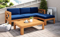 Outdoor Backyard Patio Wood 5 Piece Sectional Sofa Seating Group Set With Cushions, Natural Finish Blue Cushions Yes Complete Patio Set Natural Water Resistant Frame Water Resistant Cushion Garden & Outdoor Casual Sectional Seating Groups Foam Solid Wood