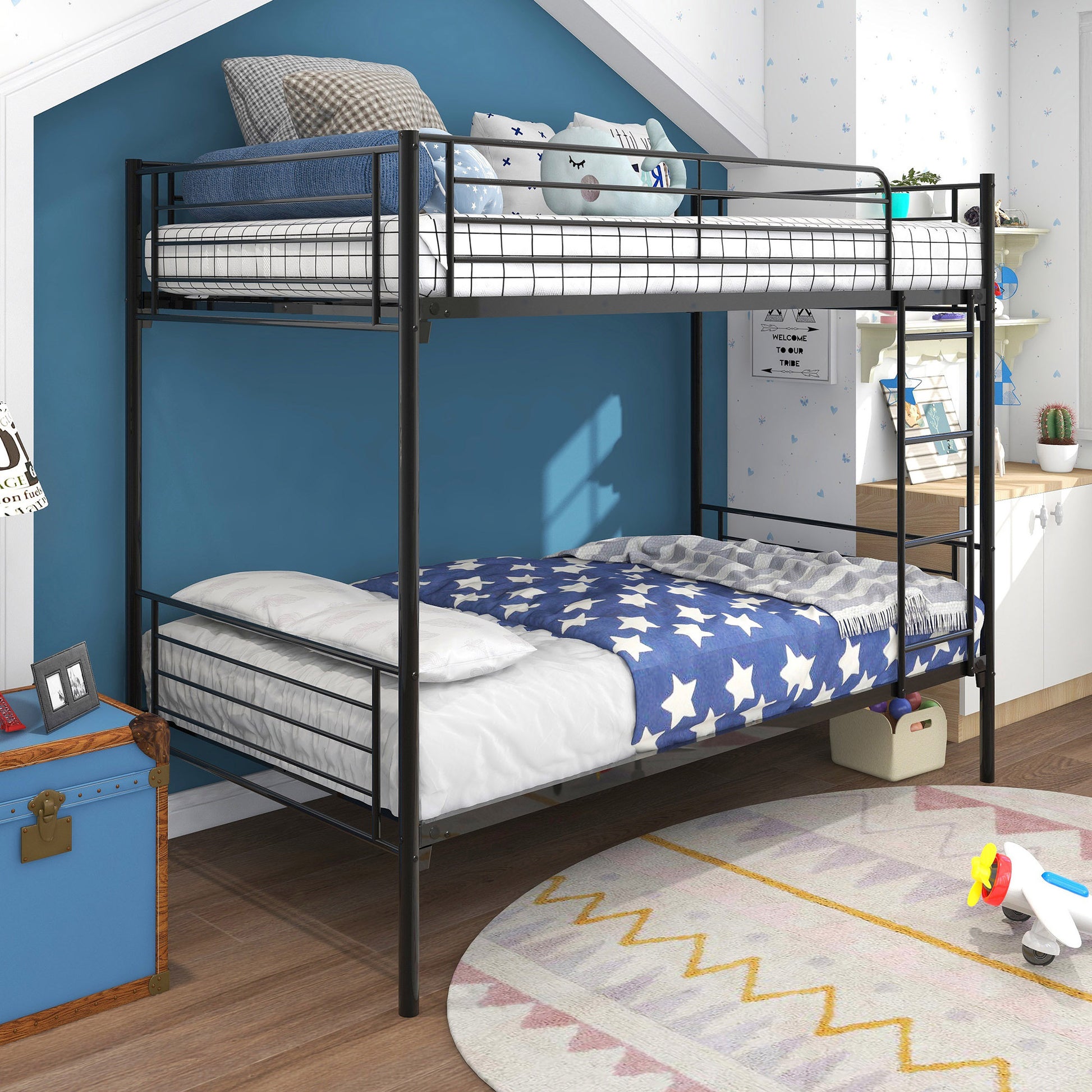 Twin Over Twin Bunk Bed, Metal Frame With Ladder Box Spring Not Required Twin Black Metal Bedroom Modern Bed Frame Metal Metal