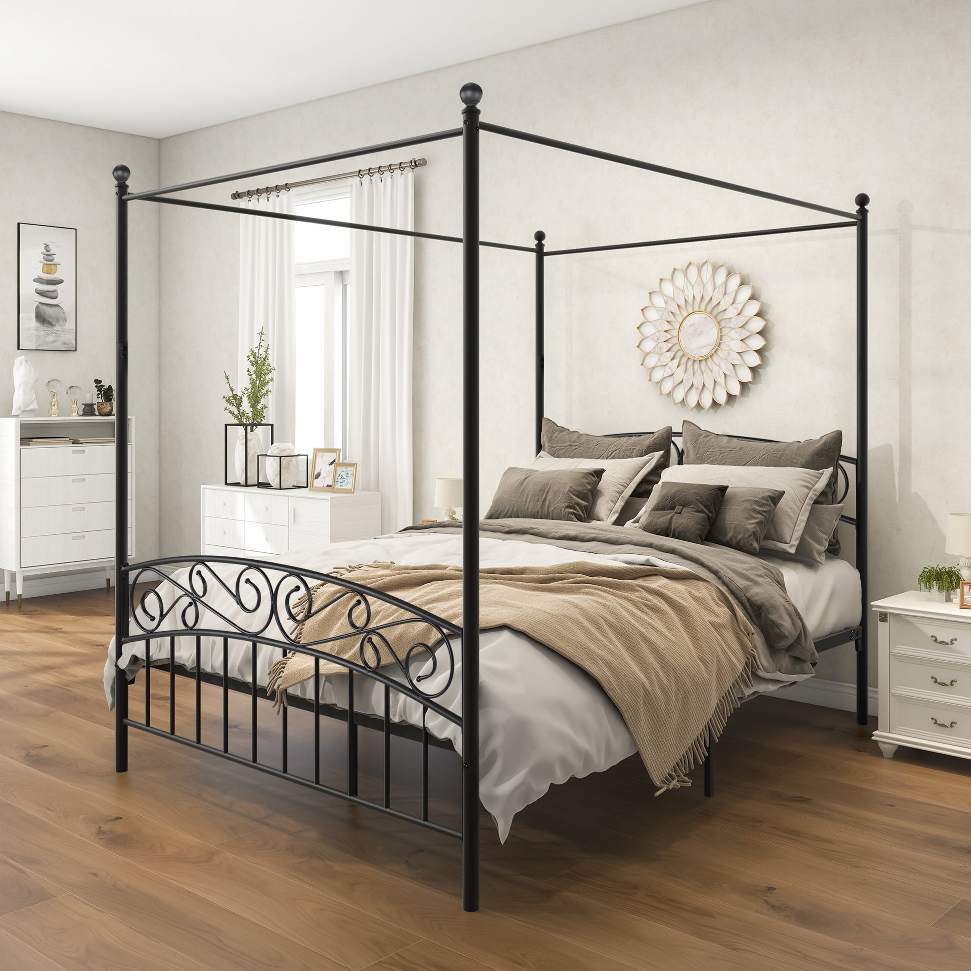 Queen Size Metal Canopy Bed Frame With Headboard And Footboard Black Box Spring Not Required Queen Black Metal Bedroom Bed Frame Metal