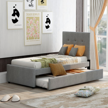 Linen Upholstered Platform Bed With Headboard And Trundle, Twin Gray Linen