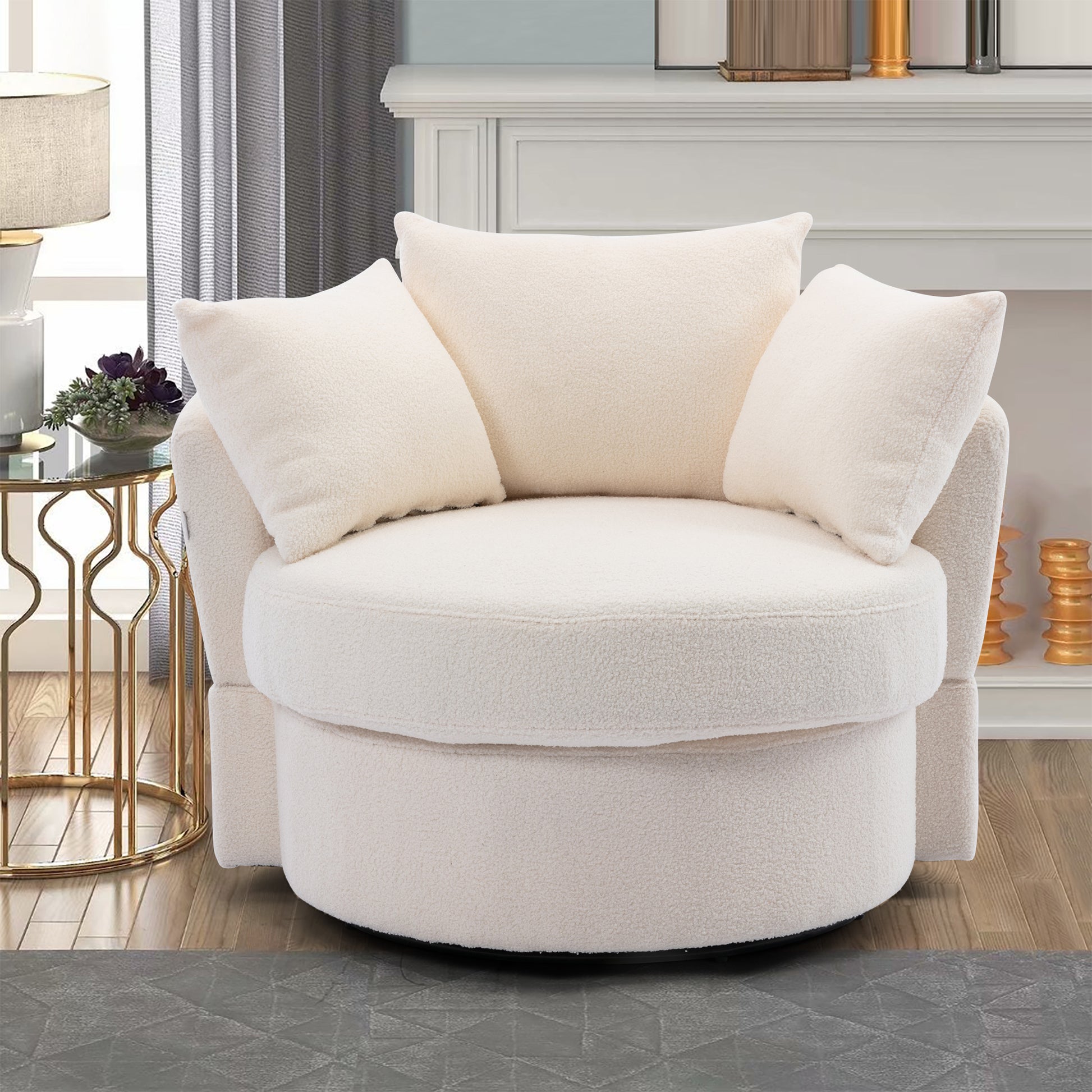 Modern Akili Swivel Accent Chair Barrel Chair For Hotel Living Room Modern Leisure Chair Ivory Fabric