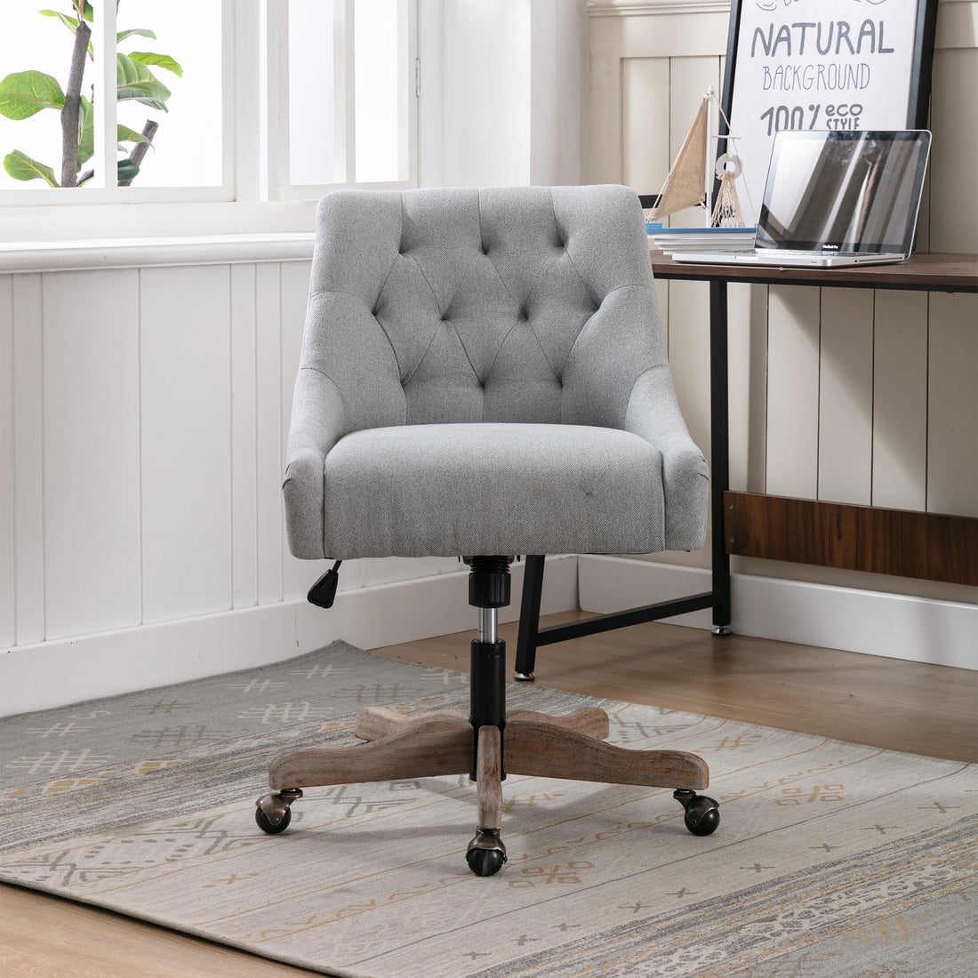 Coolmore Office Chair Adjustable Height Swivel Chair With Wheels Linen Fabric Upholstered Computer Desk Chair With Wooden Legs Gray Linen Gray Foam Solid Wood