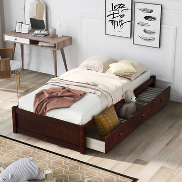 Orisfur. Twin Size Platform Storage Bed With 3 Drawers Cherry Solid Wood