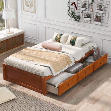 Orisfur. Twin Size Platform Storage Bed With 3 Drawers Oak Solid Wood