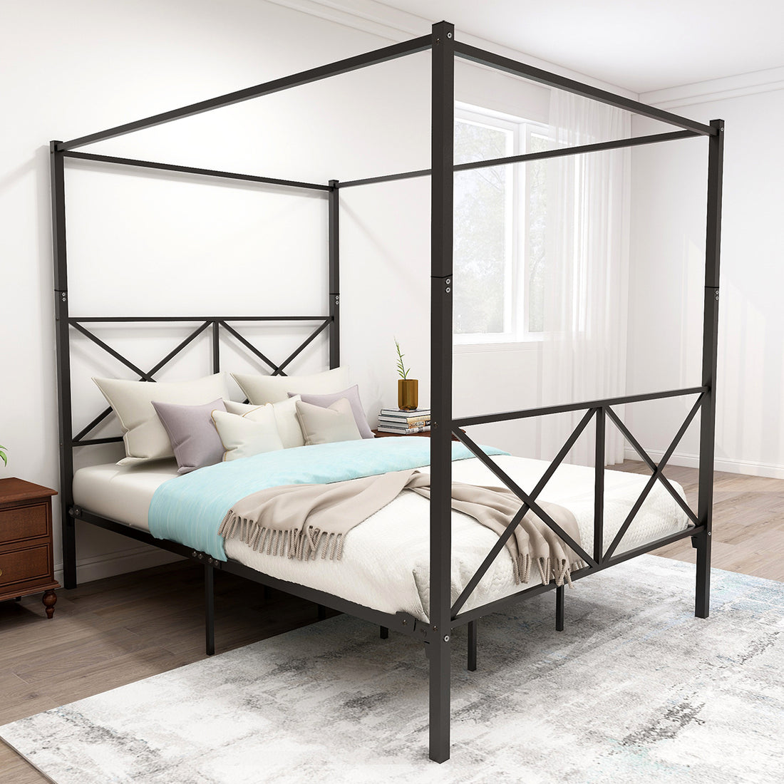 Metal Canopy Bed Frame, Platform Bed Frame Queen with box spring not