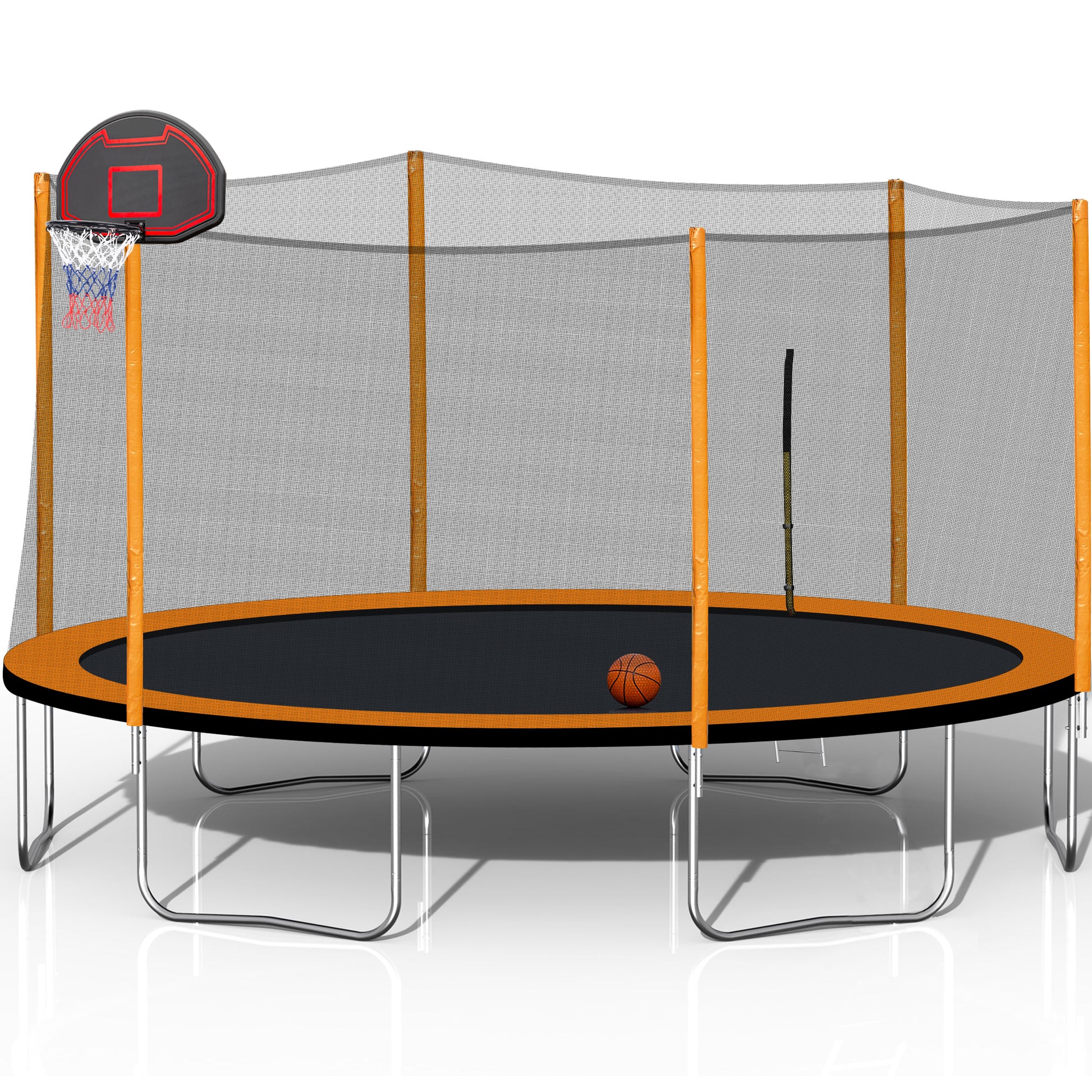 14Ft Powder Coated Advanced Trampoline With Basketball Hoop Inflator And Ladder Outer Safety Enclosure Orange Orange Steel