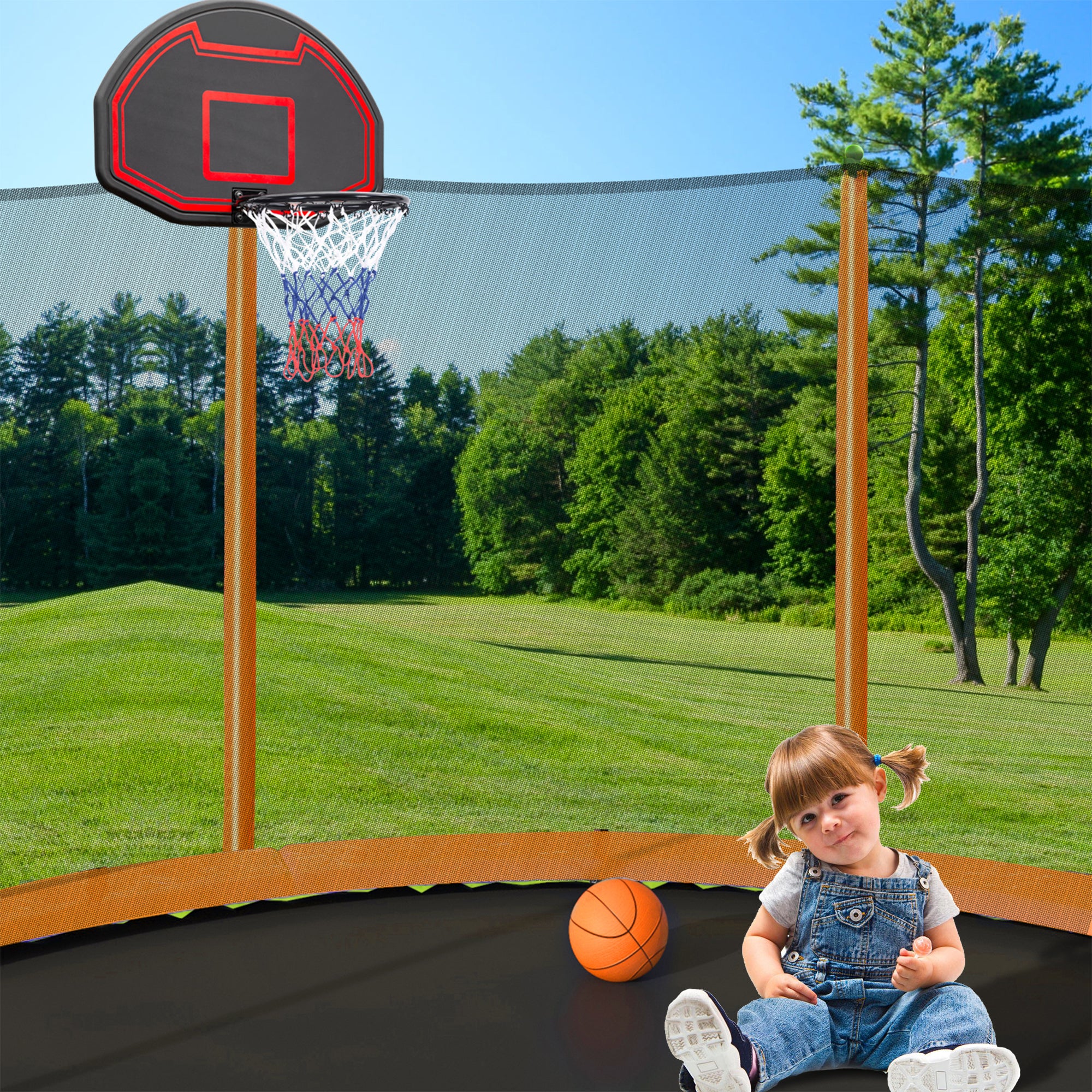 15FT Trampoline with Basketball Hoop Inflator and orange-metal