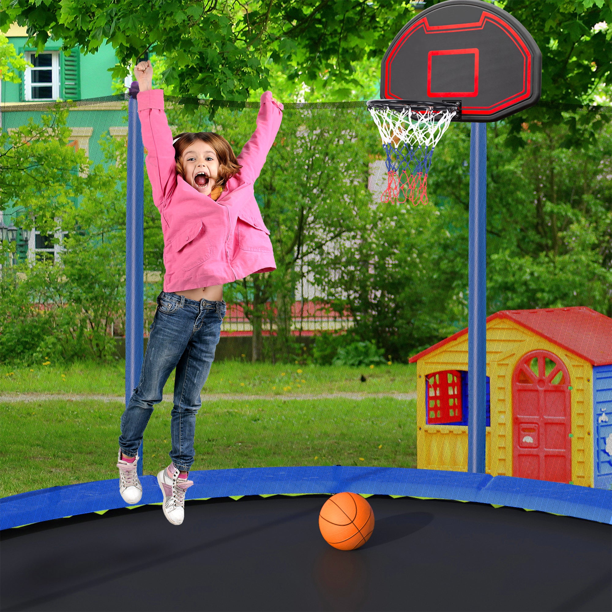 15FT Trampoline with Basketball Hoop Inflator and blue-stainless steel