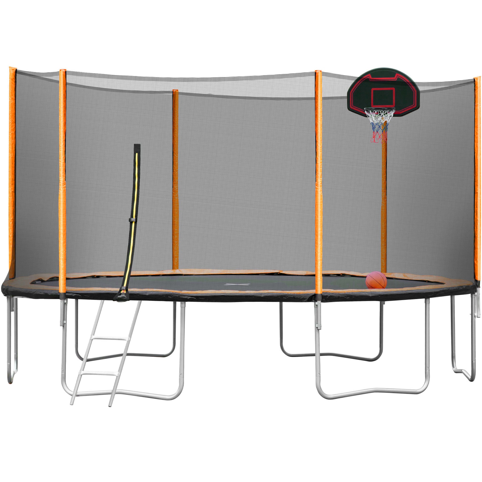 14Ft Powder Coated Advanced Trampoline With Basketball Hoop Inflator And Ladder Outer Safety Enclosure Orange Orange Steel