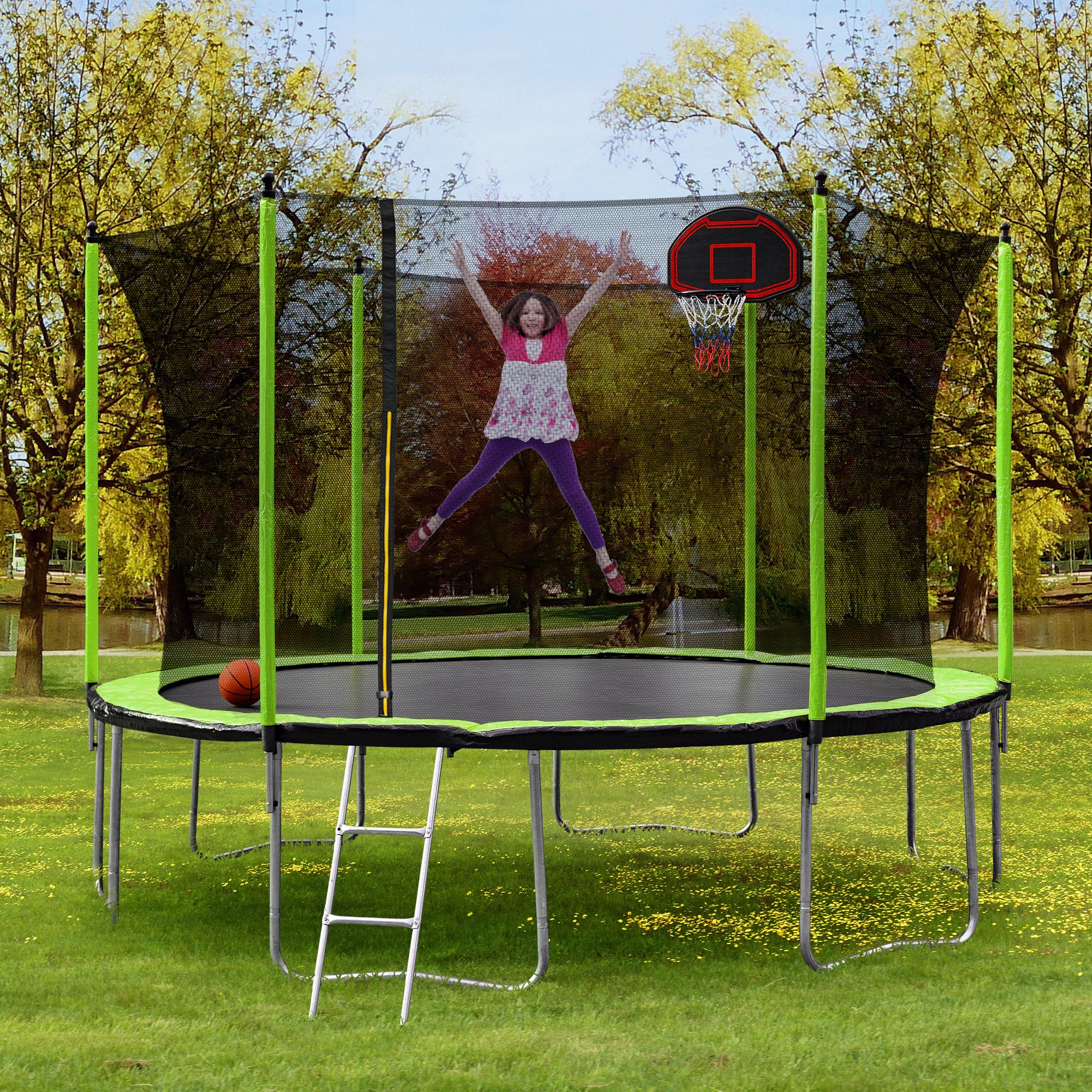 14FT Trampoline with Basketball Hoop Inflator and green-metal