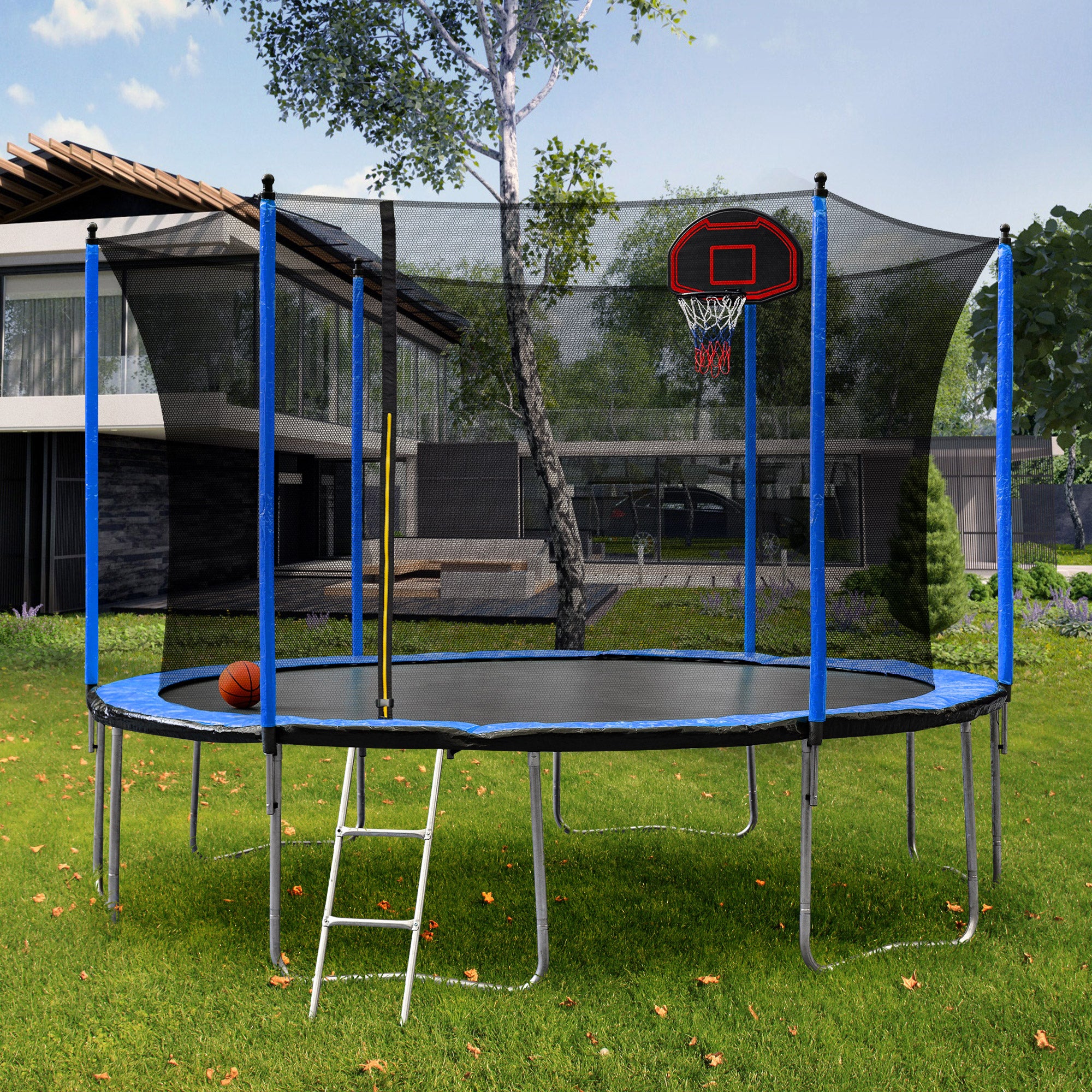 15FT Trampoline with Basketball Hoop Inflator and blue-stainless steel