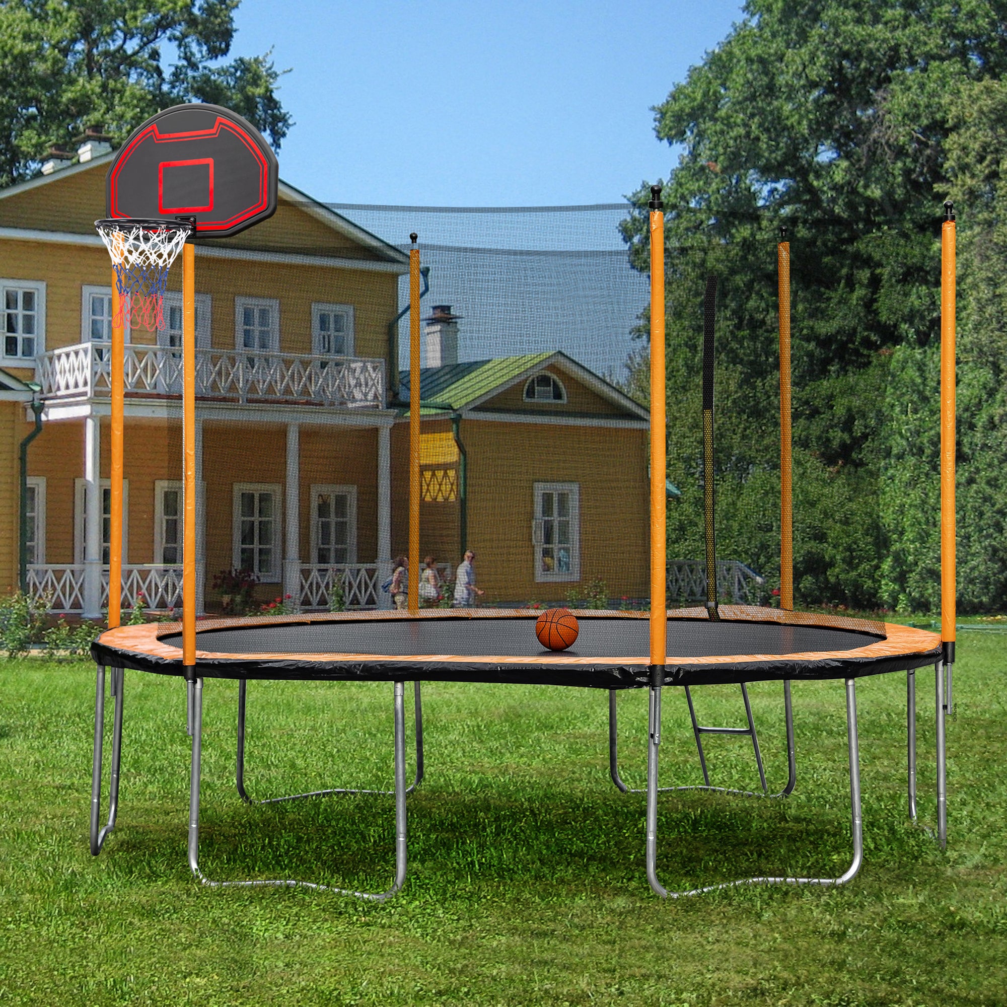 15FT Trampoline with Basketball Hoop Inflator and orange-metal