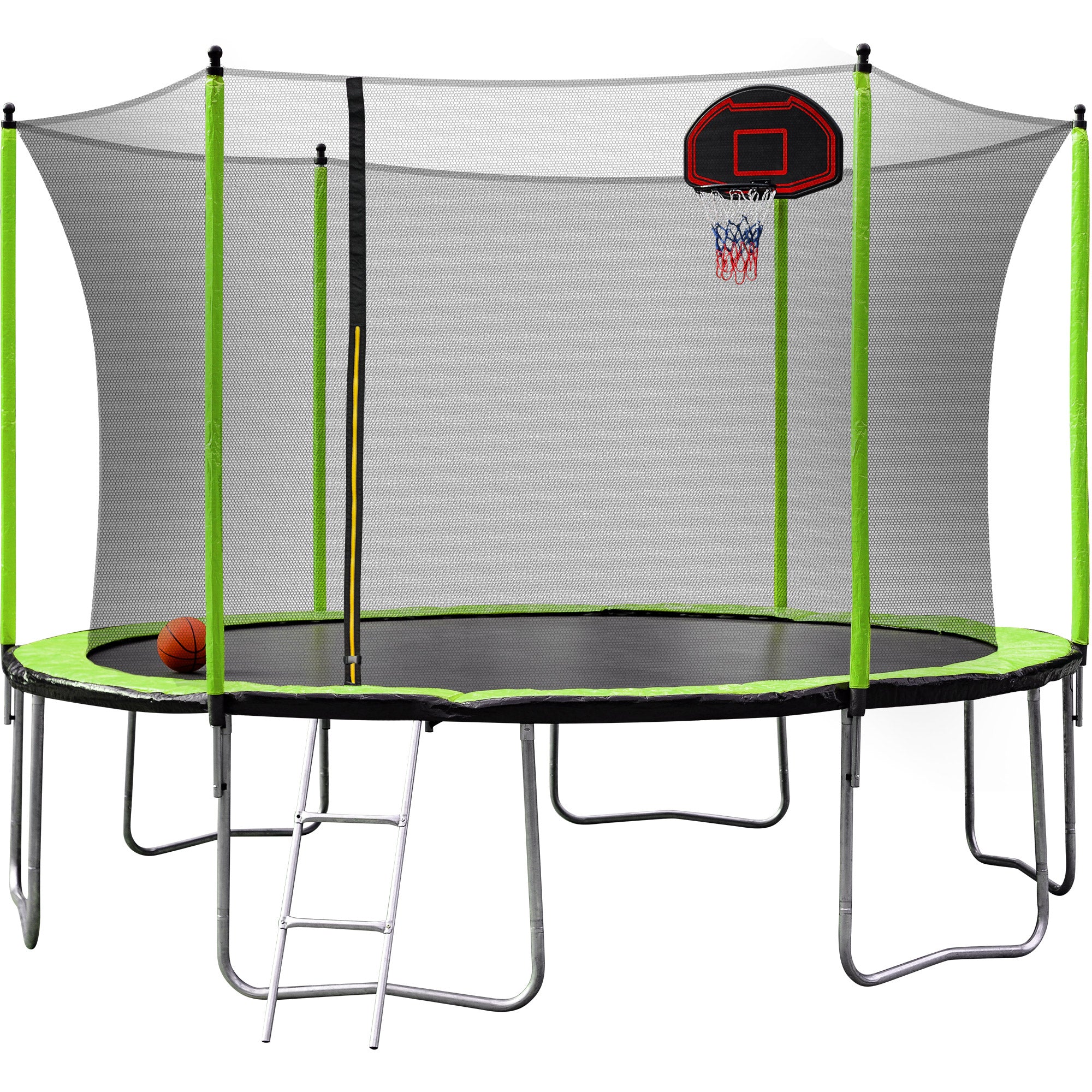 14FT Trampoline with Basketball Hoop Inflator and green-metal