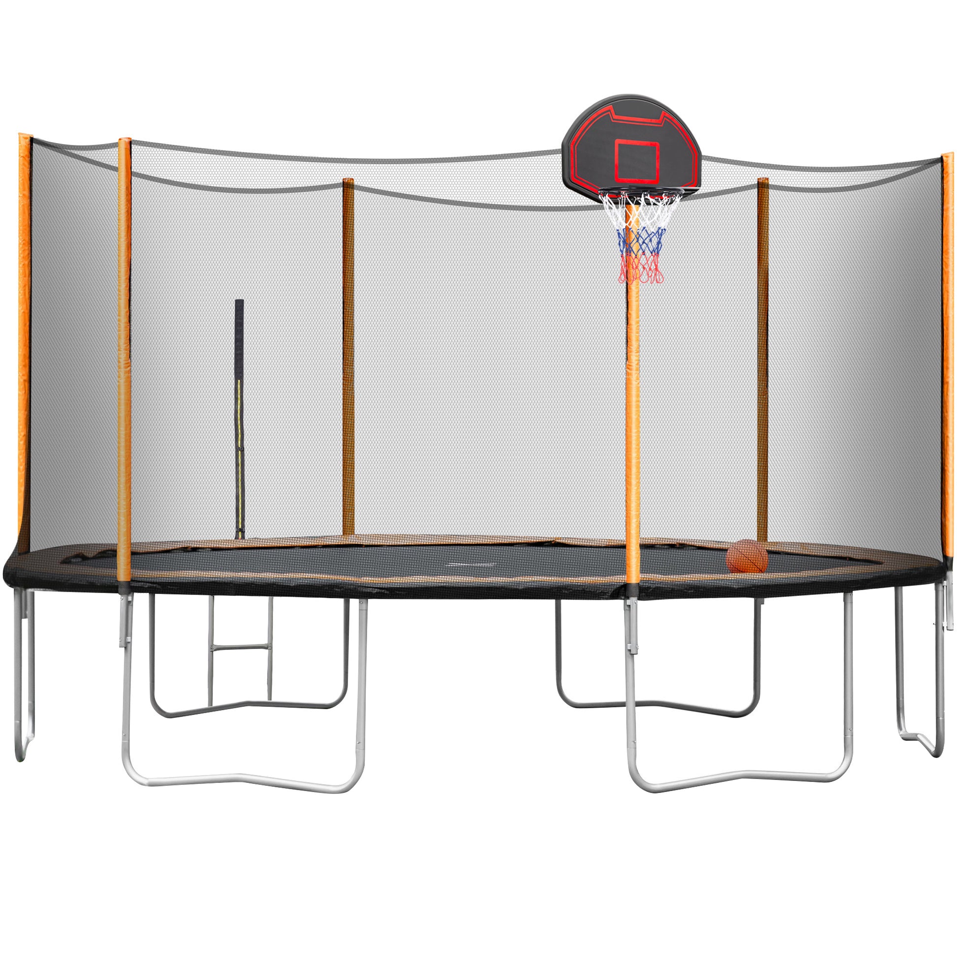 14Ft Powder Coated Advanced Trampoline With Basketball Hoop Inflator And Ladder Outer Safety Enclosure Orange Orange Steel