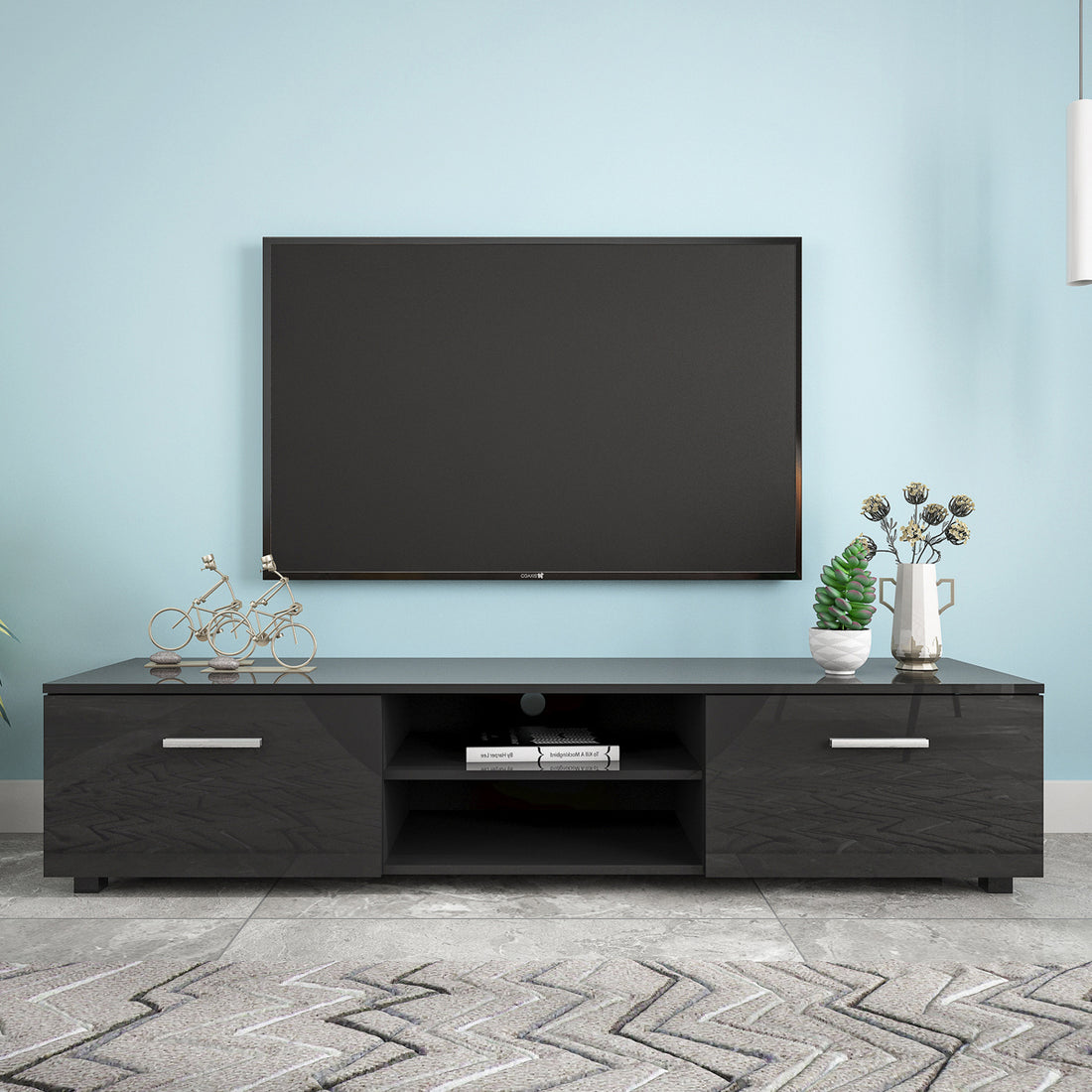 Black Tv Stand For 70 Inch Tv Stands, Media Console Entertainment Center Television Table, 2 Storage Cabinet With Open Shelves For Living Room Bedroom Black Mdf