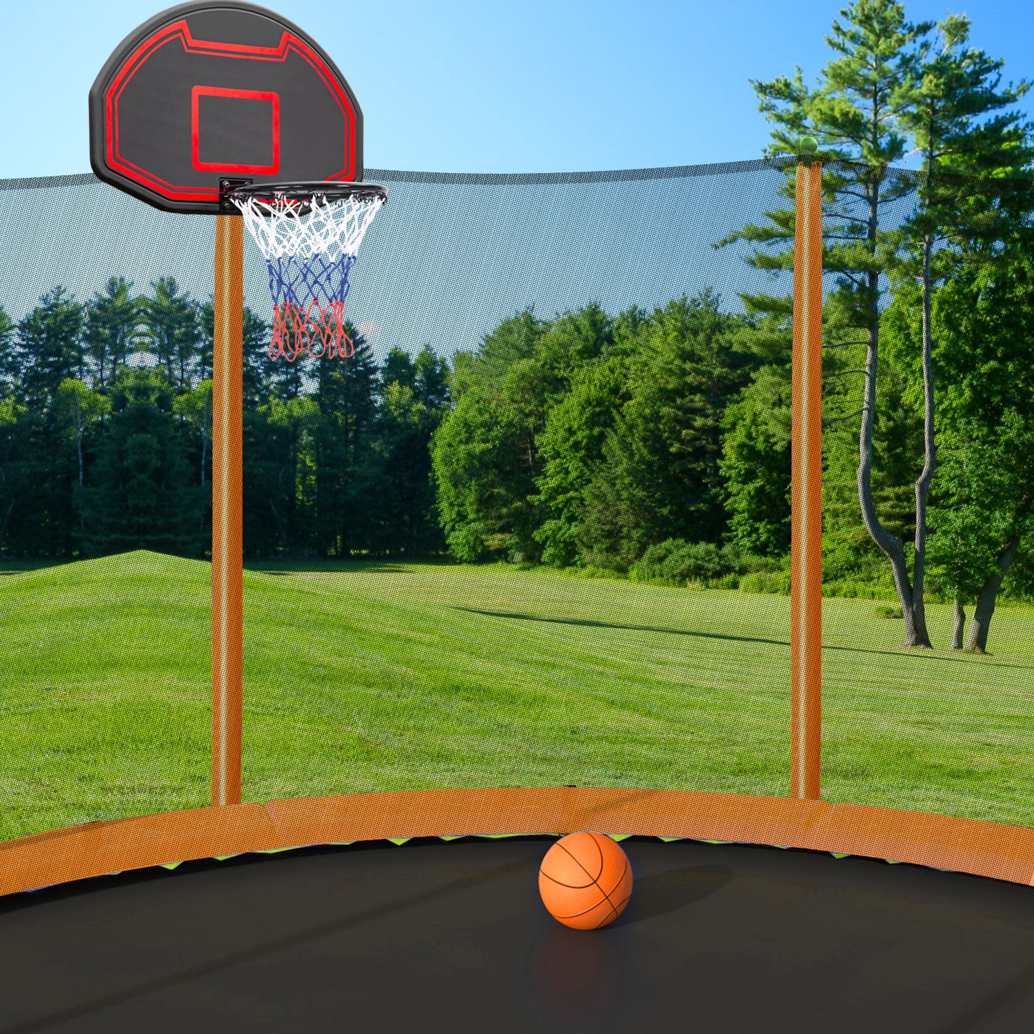 10FT Trampoline with Basketball Hoop Inflator and orange-metal
