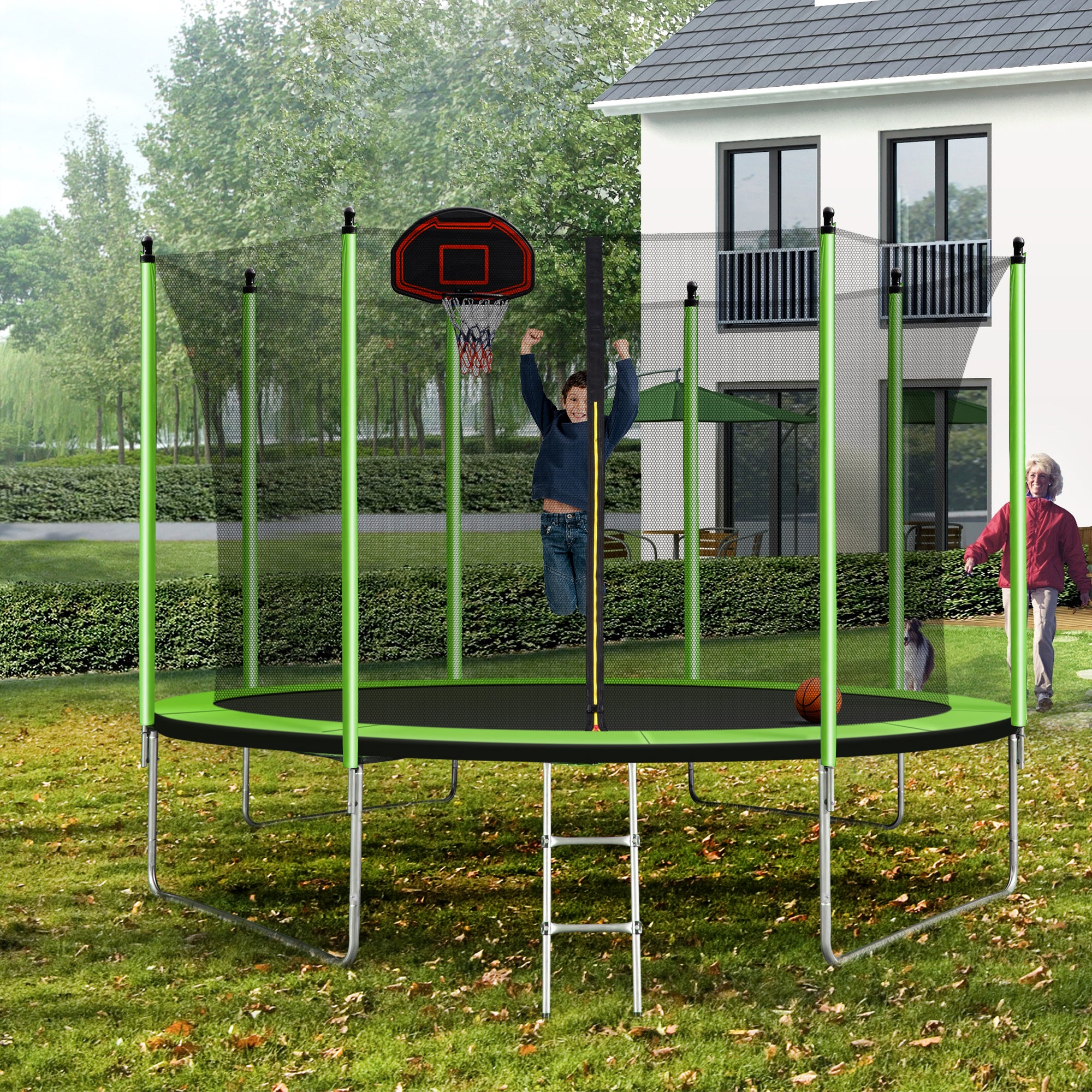 10FT Trampoline with Basketball Hoop Inflator and green-metal
