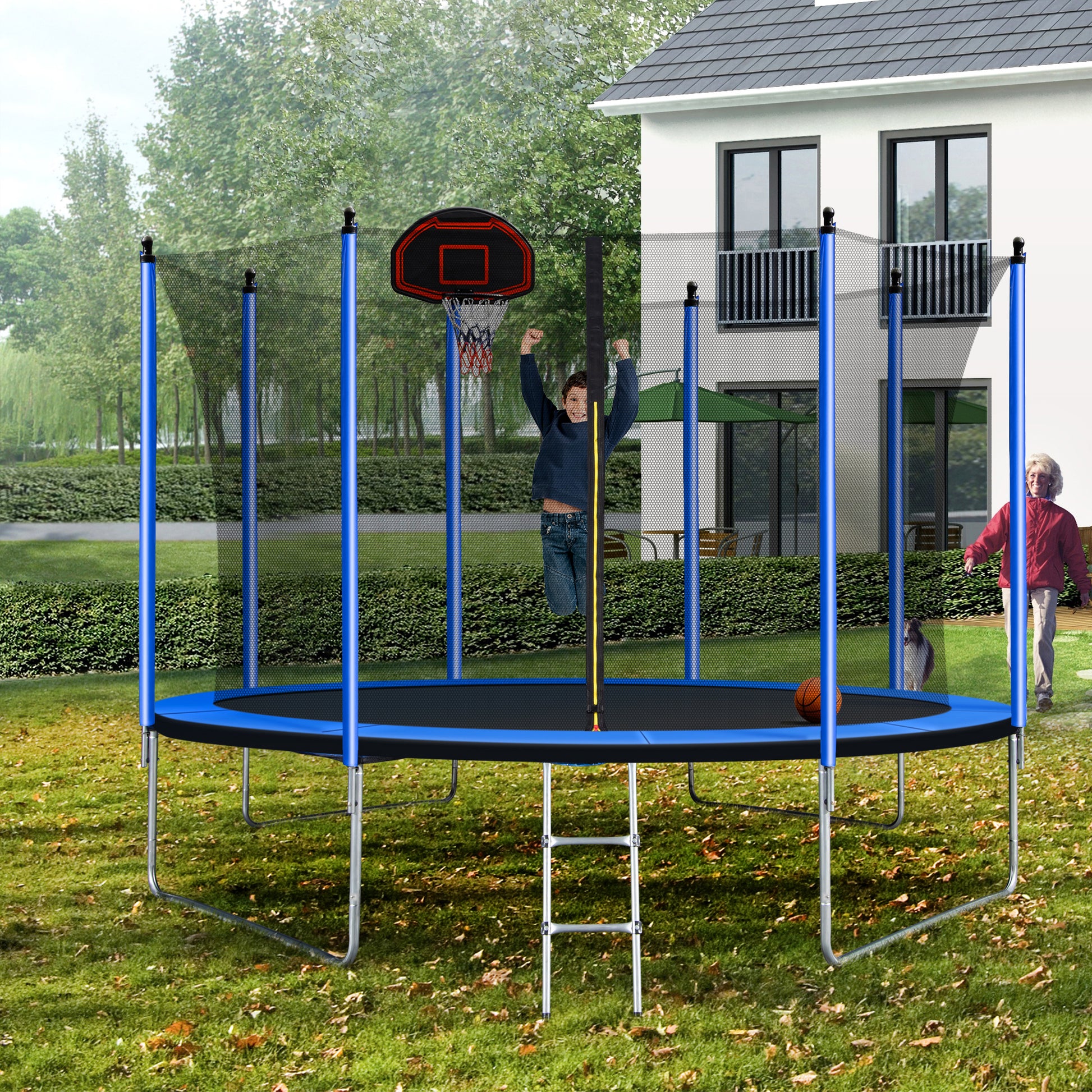 10Ft Trampoline With Basketball Hoop Inflator And Ladder Inner Safety Enclosure Blue Blue Metal