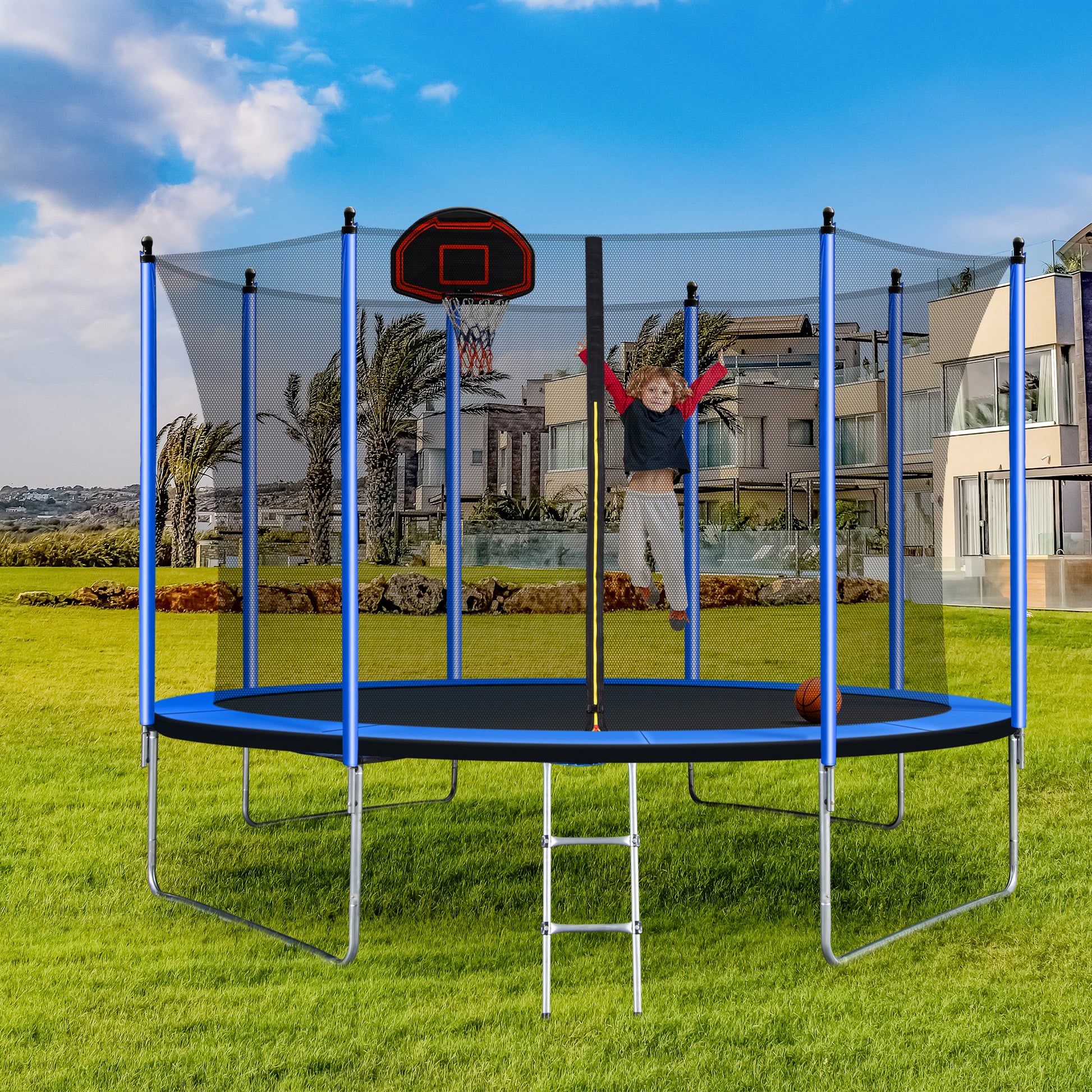 10Ft Trampoline With Basketball Hoop Inflator And Ladder Inner Safety Enclosure Blue Blue Metal