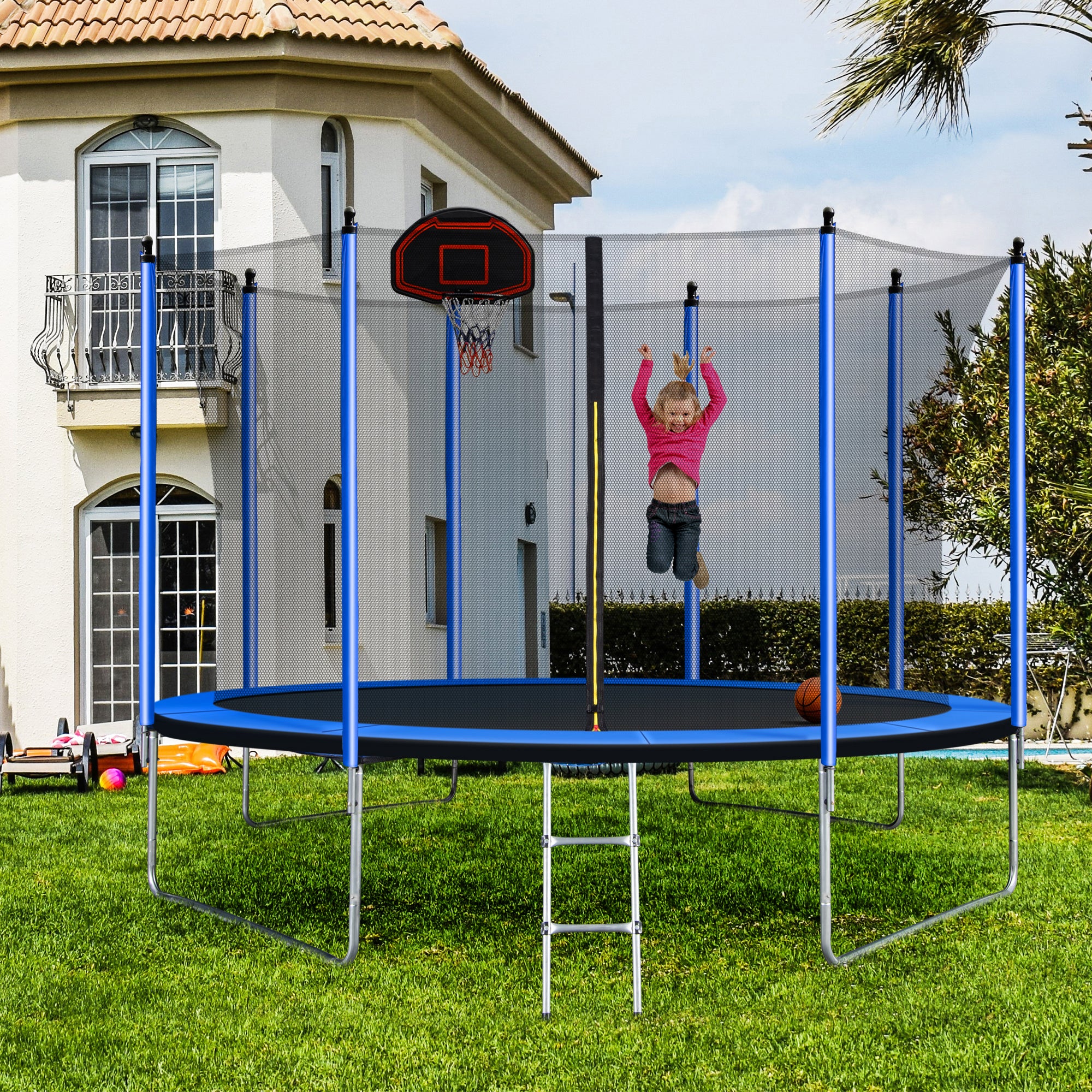 10FT Trampoline with Basketball Hoop Inflator and blue-metal