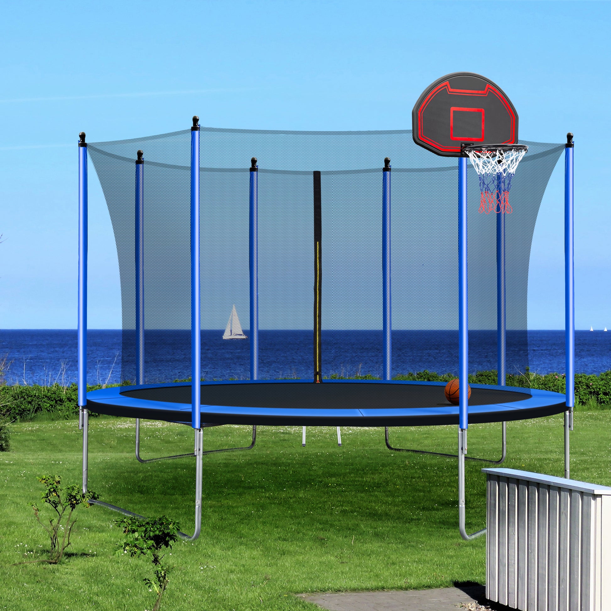 10Ft Trampoline With Basketball Hoop Inflator And Ladder Inner Safety Enclosure Blue Blue Metal