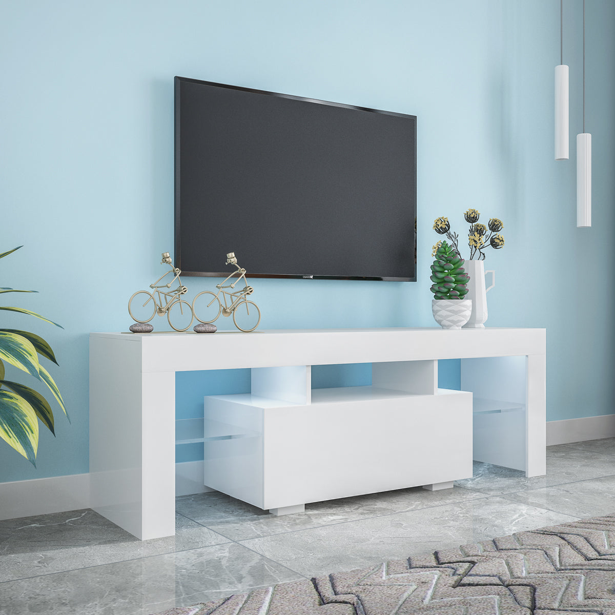 Entertainment Tv Stand, Large Tv Stand Tv Base Stand With Led Light Tv Cabinet. White 50 59 Inches Mdf