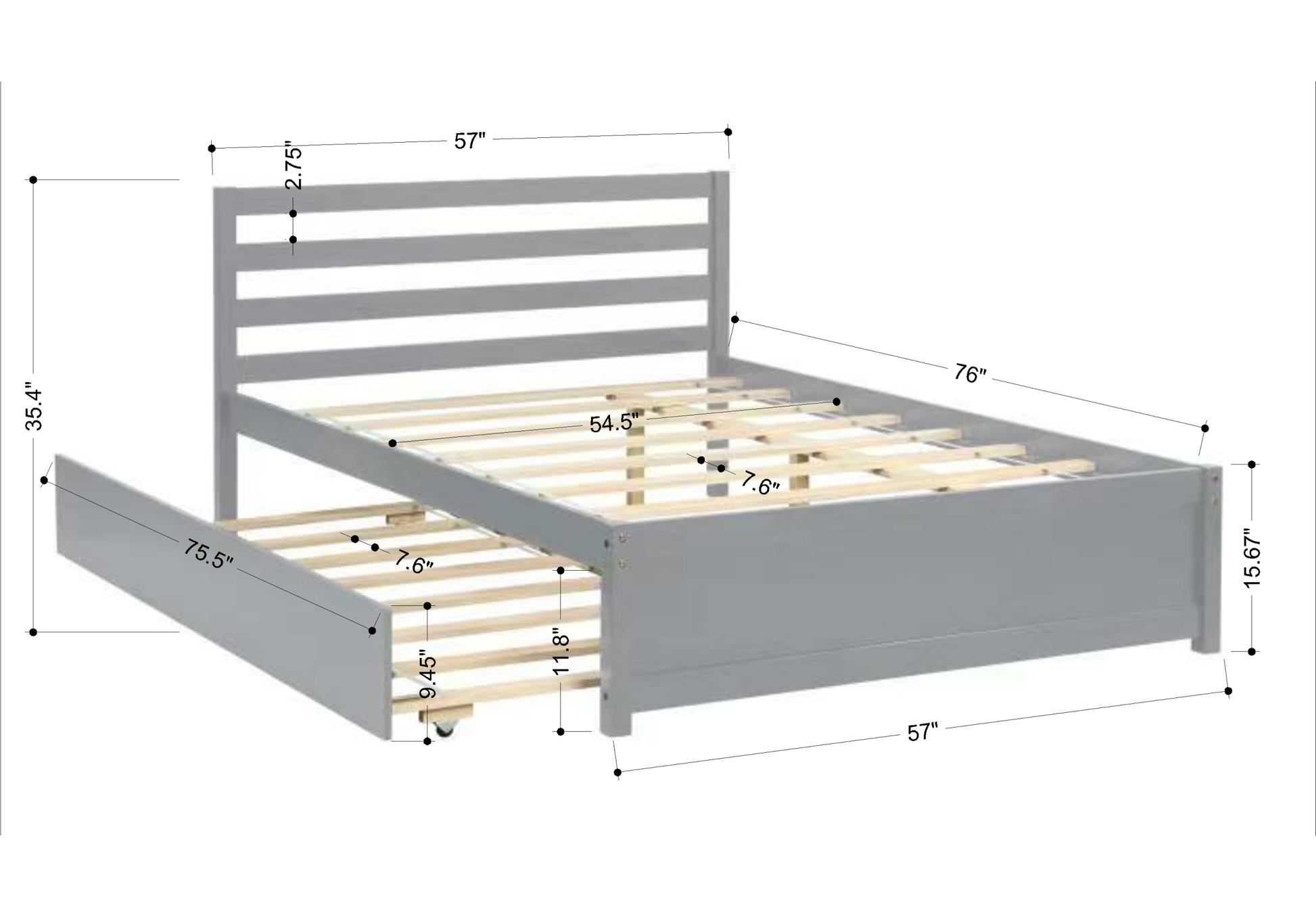 Full Size Wood Platform Bed Frame With Headboard And Twin Trundle For Grey Color Gray Solid Wood