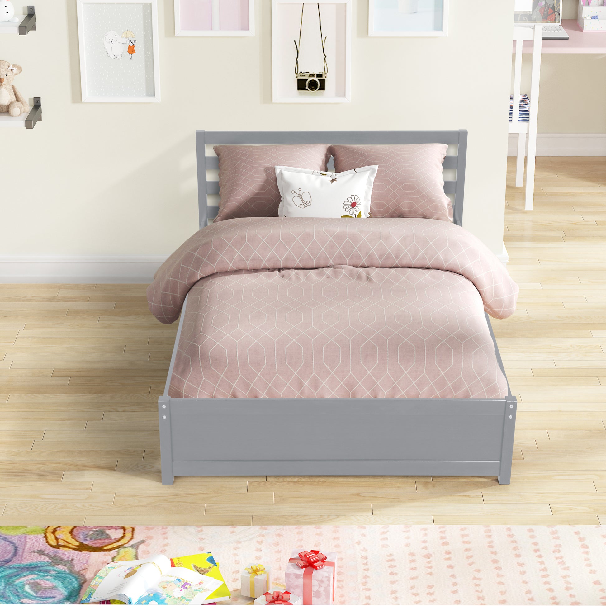 Full Size Wood Platform Bed Frame With Headboard And Twin Trundle For Grey Color Gray Solid Wood