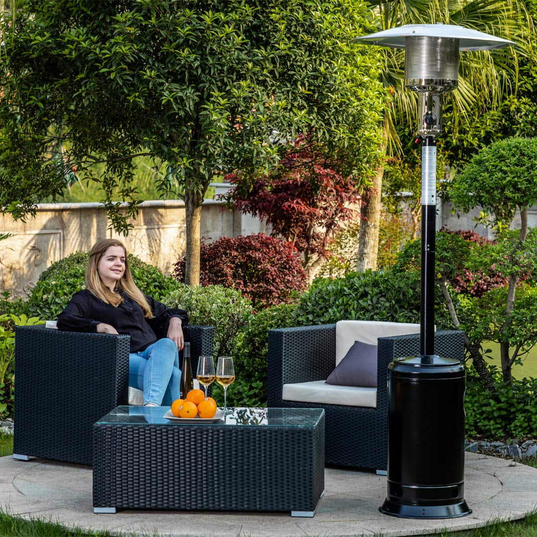 Outdoor Patio Propane Heater With Portable Wheels 47,000 Btu 88 Inch Standing Gas Outside Heater Stainless Steel Burner Commercial & Residential Hammered Black For Party Restaurant Garden Yard Black Black Steel