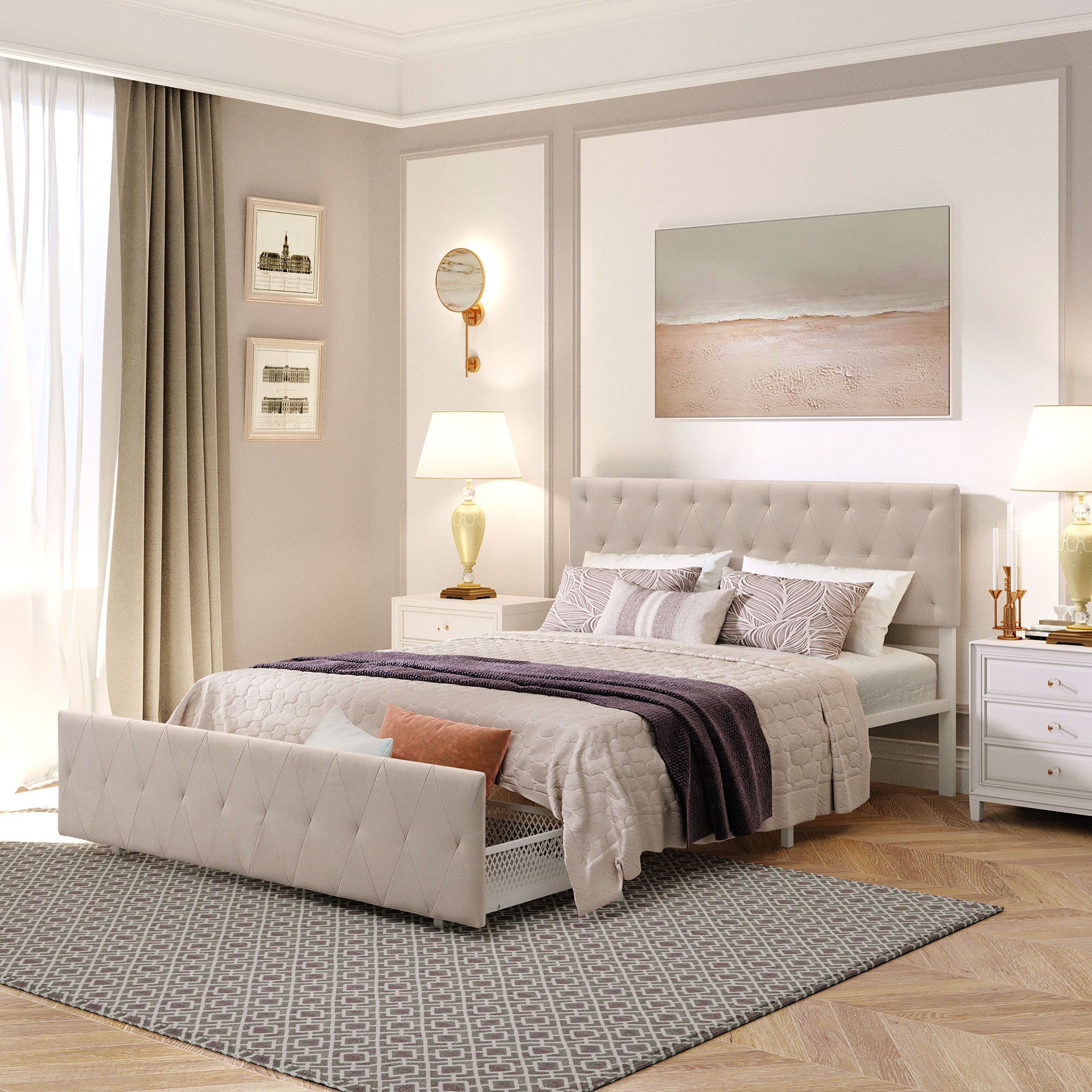 Queen Size Storage Bed Metal Platform Bed with a Big beige-metal