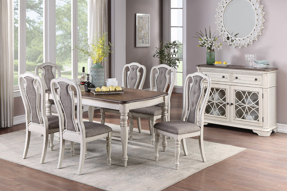 Transitional Style 7Pc Dining Set Dining Table W Oak Top 6Xside Chairs Cushion Seat Antique White Kitchen Dining Room Wood Wood Antique White,Gray,Oak Seats 6 Wood Dining Room Distressed Finish Contemporary,Modern,Transitional Rubberwood 4 Leg