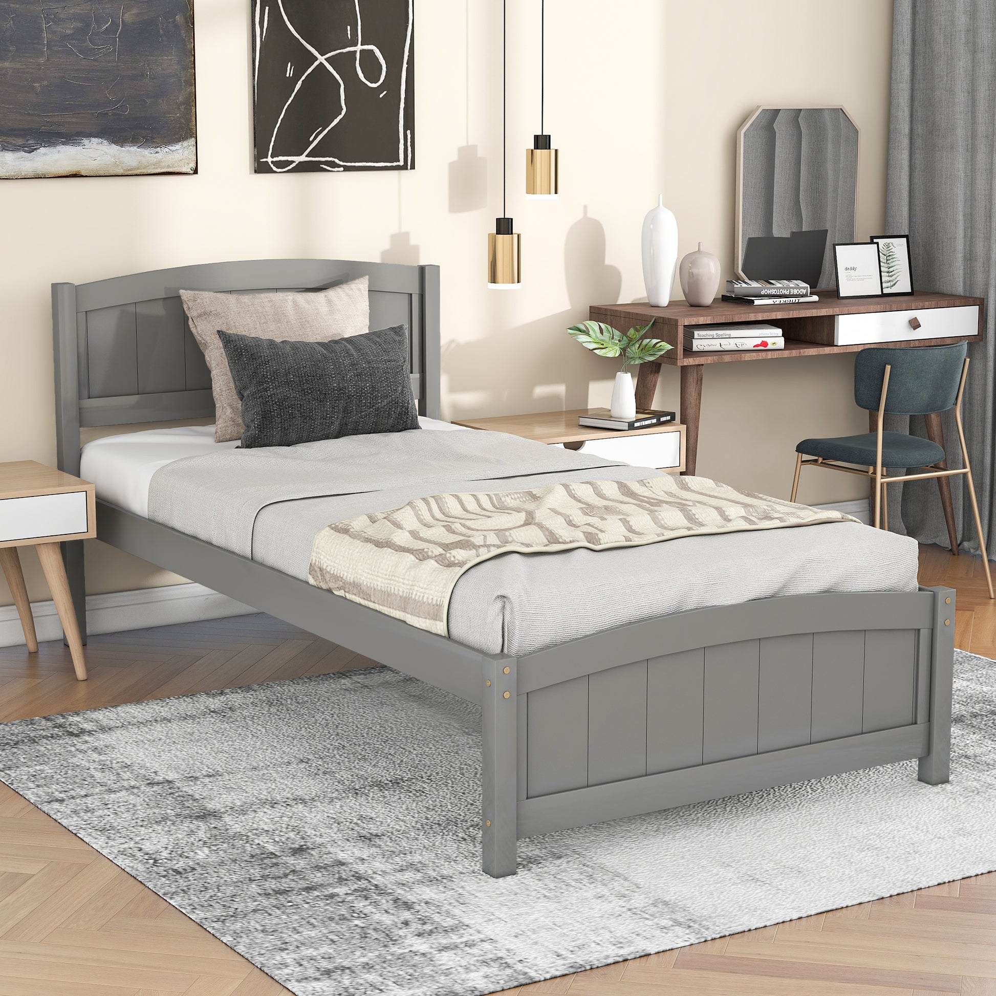 Wood Platform Bed With Headboard,Footboard And Wood Slat Support, Gray Gray Solid Wood