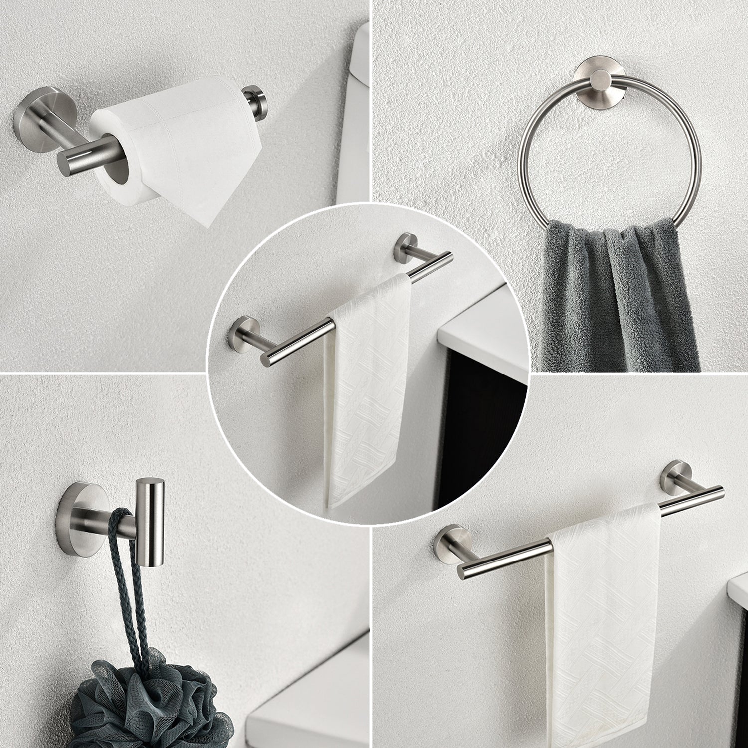 6 Piece Stainless Steel Bathroom Towel Rack Set Wall brushed nickel-stainless steel