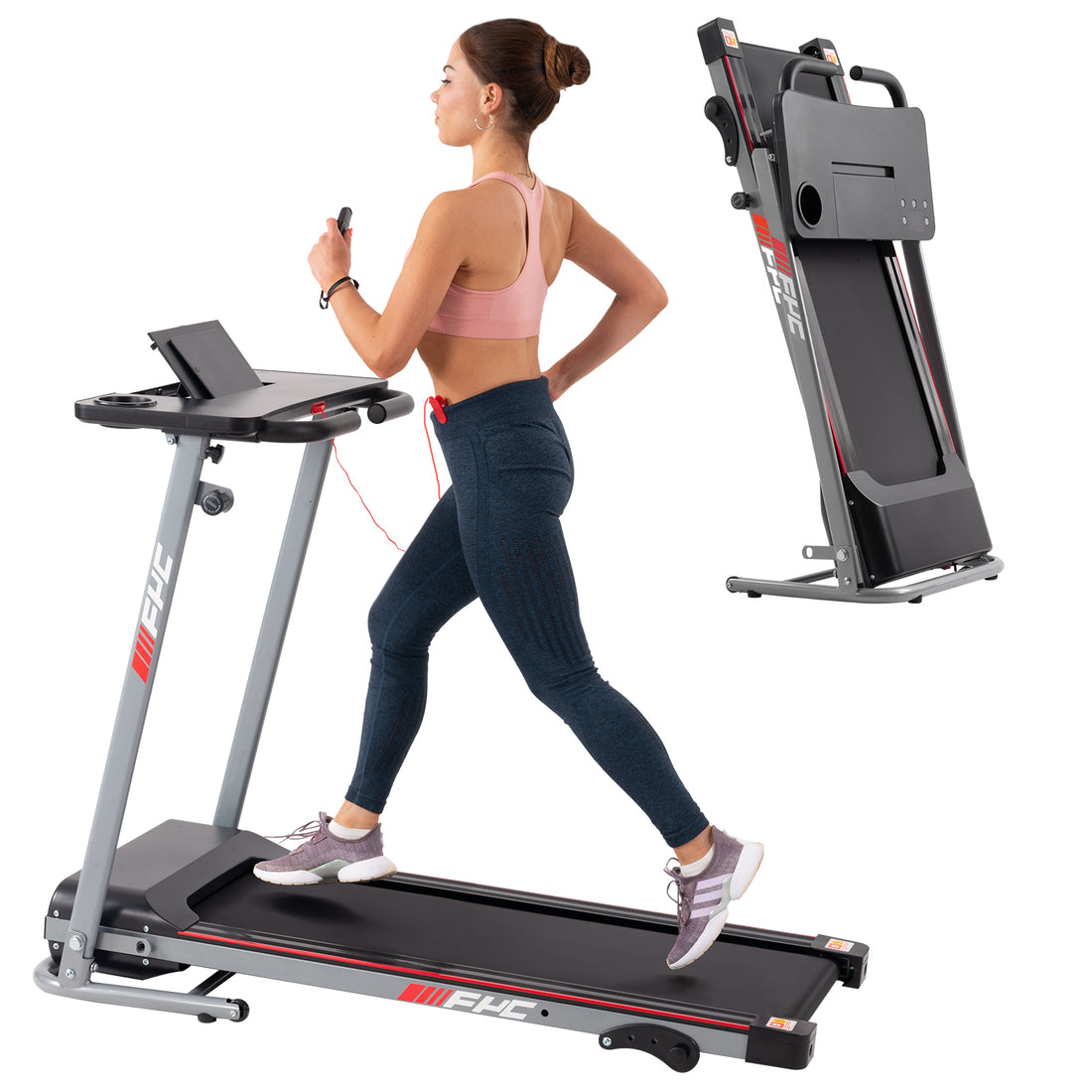 FYC Folding Treadmill for Home with Desk 2.5HP Compact gray-steel