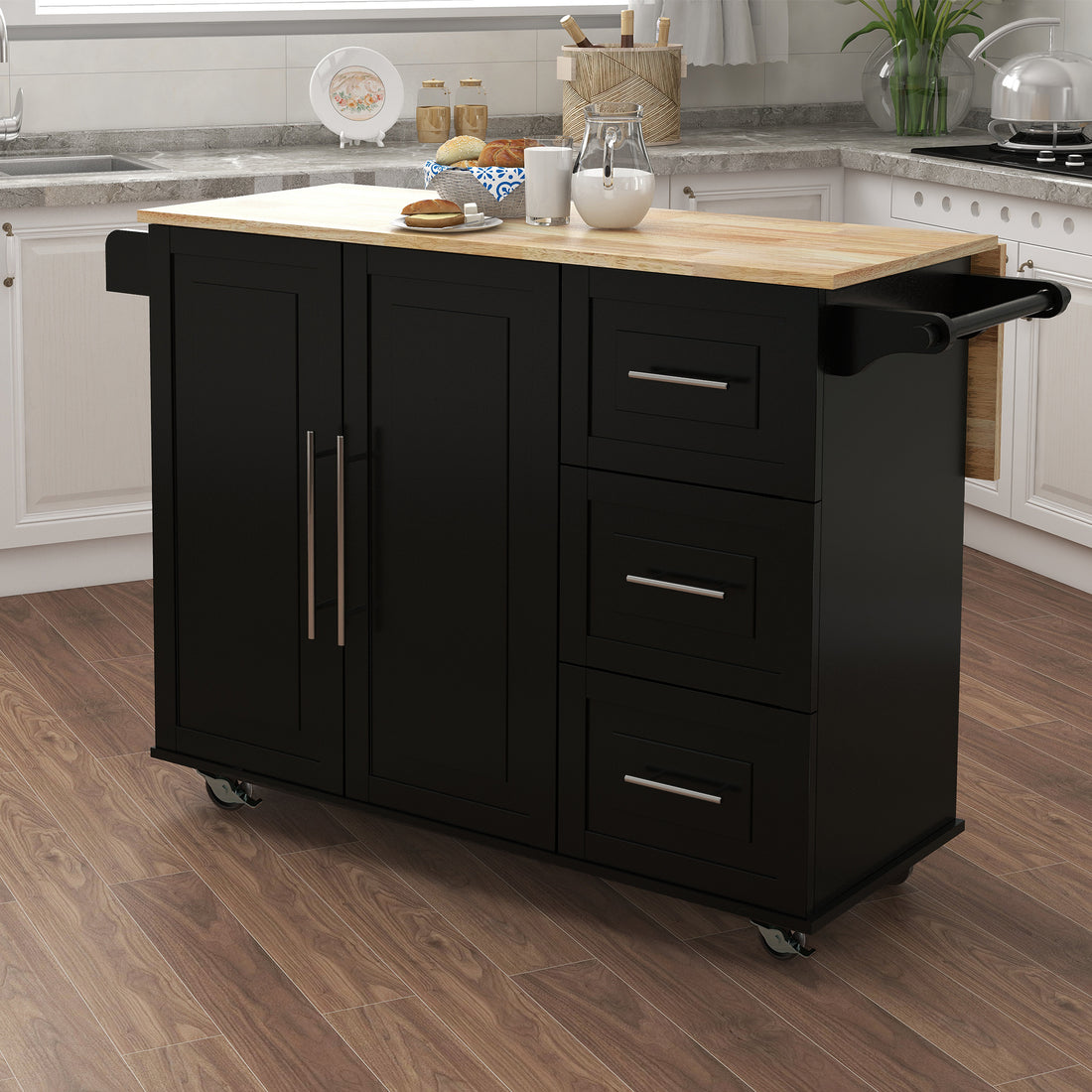 Kitchen Island With Spice Rack, Towel Rack And Extensible Solid Wood Table Top Black Black Mdf