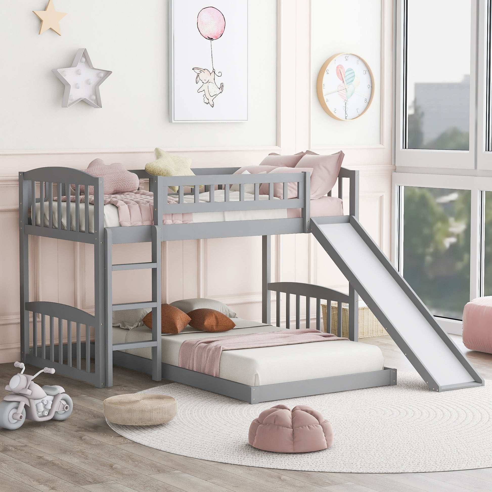 Twin Over Twin Bunk Bed With Slide And Ladder, Gray Old Sku :Lp000514Aae Gray Solid Wood