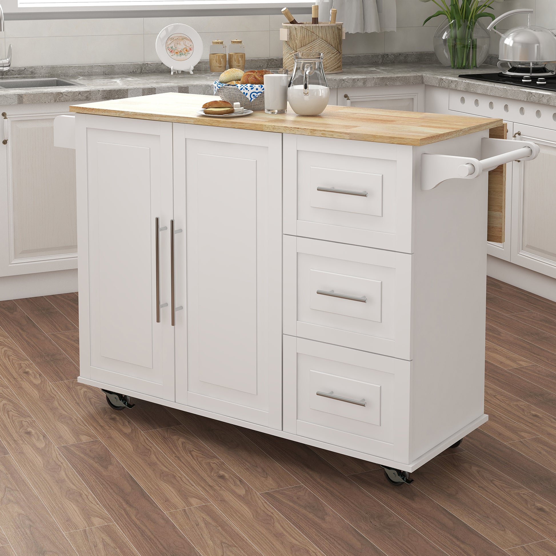 Kitchen Island with Spice Rack, Towel Rack and white-mdf