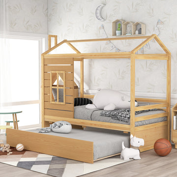 Twin Size House Bed Wood Bed With Twin Size Trundle Natural Twin Natural Solid Wood