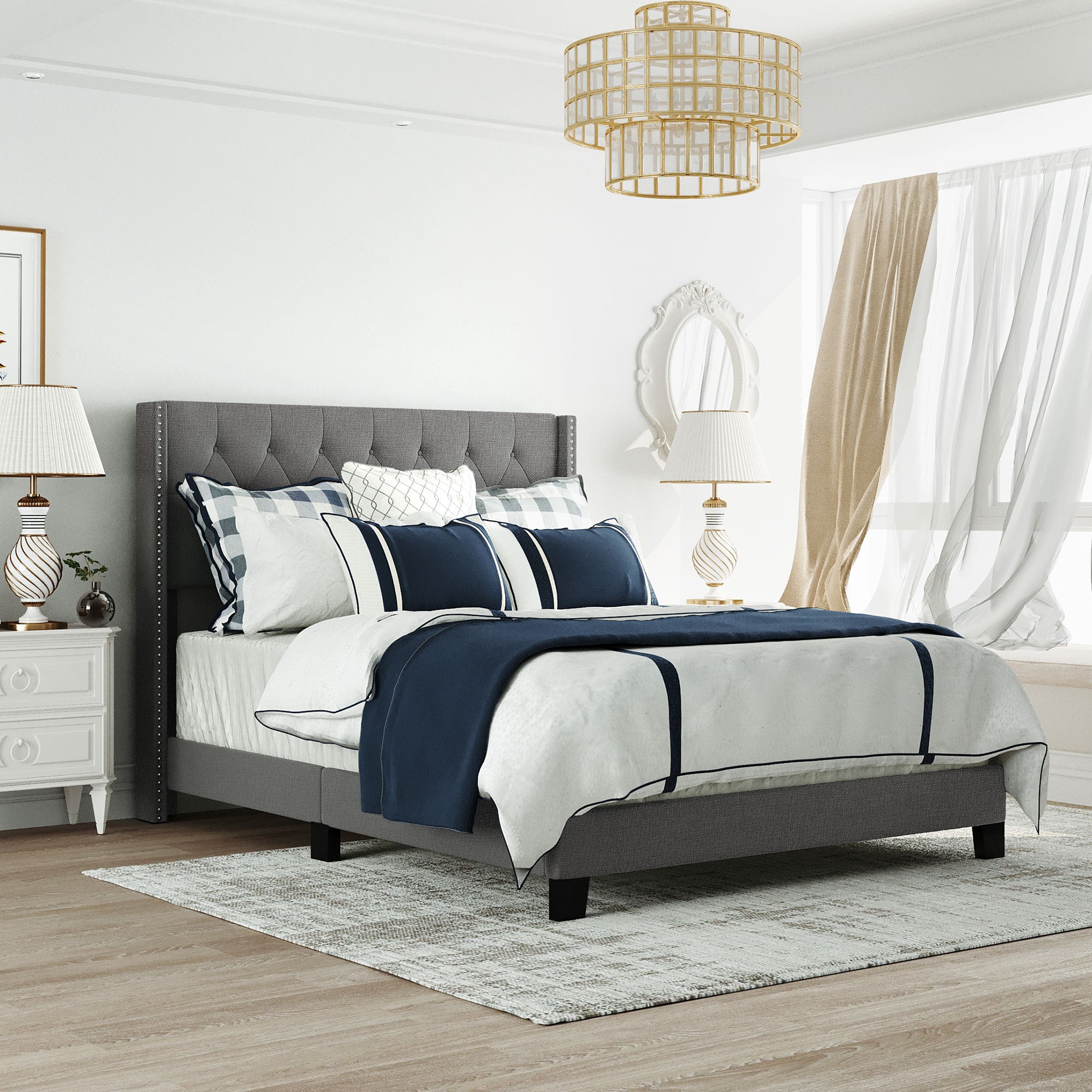 Upholstered Platform Bed with Classic Headboard, Box gray-upholstered