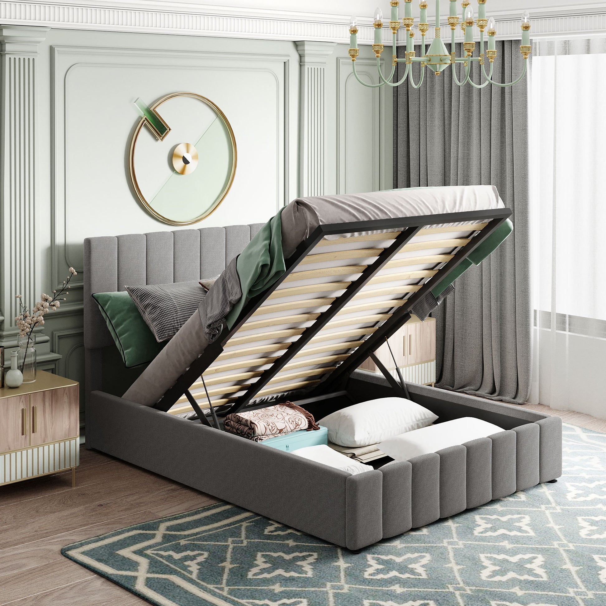 Full Size Upholstered Platform Bed With A Hydraulic Storage System Gray Gray Upholstered