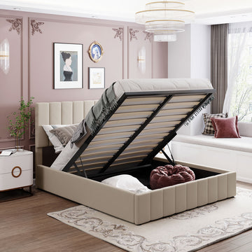 Queen Size Upholstered Platform Bed With A Hydraulic Storage System Beige Beige Upholstered