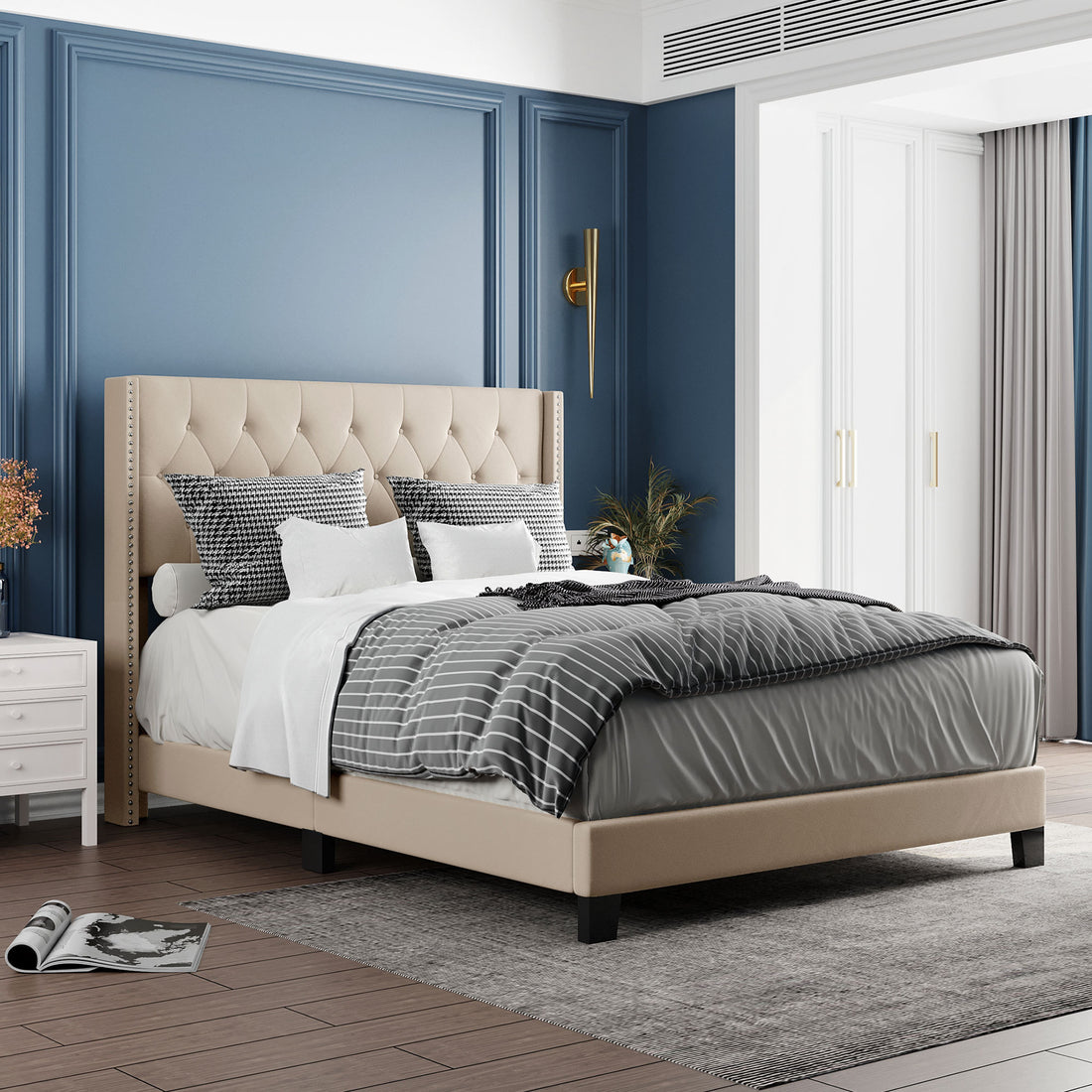 Upholstered Platform Bed with Classic Headboard, Box beige-upholstered