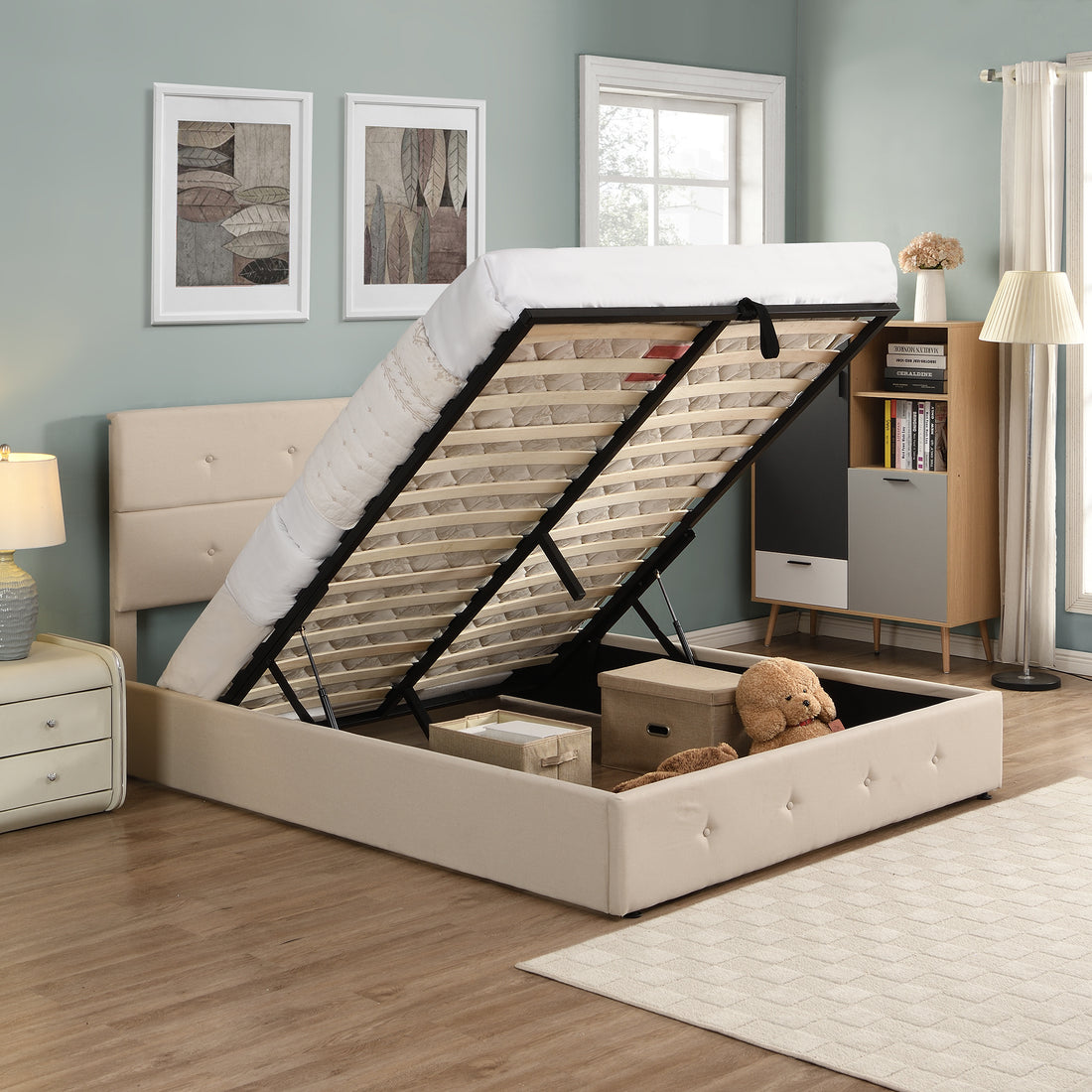 Upholstered Platform Bed with Underneath Storage,Queen beige-linen
