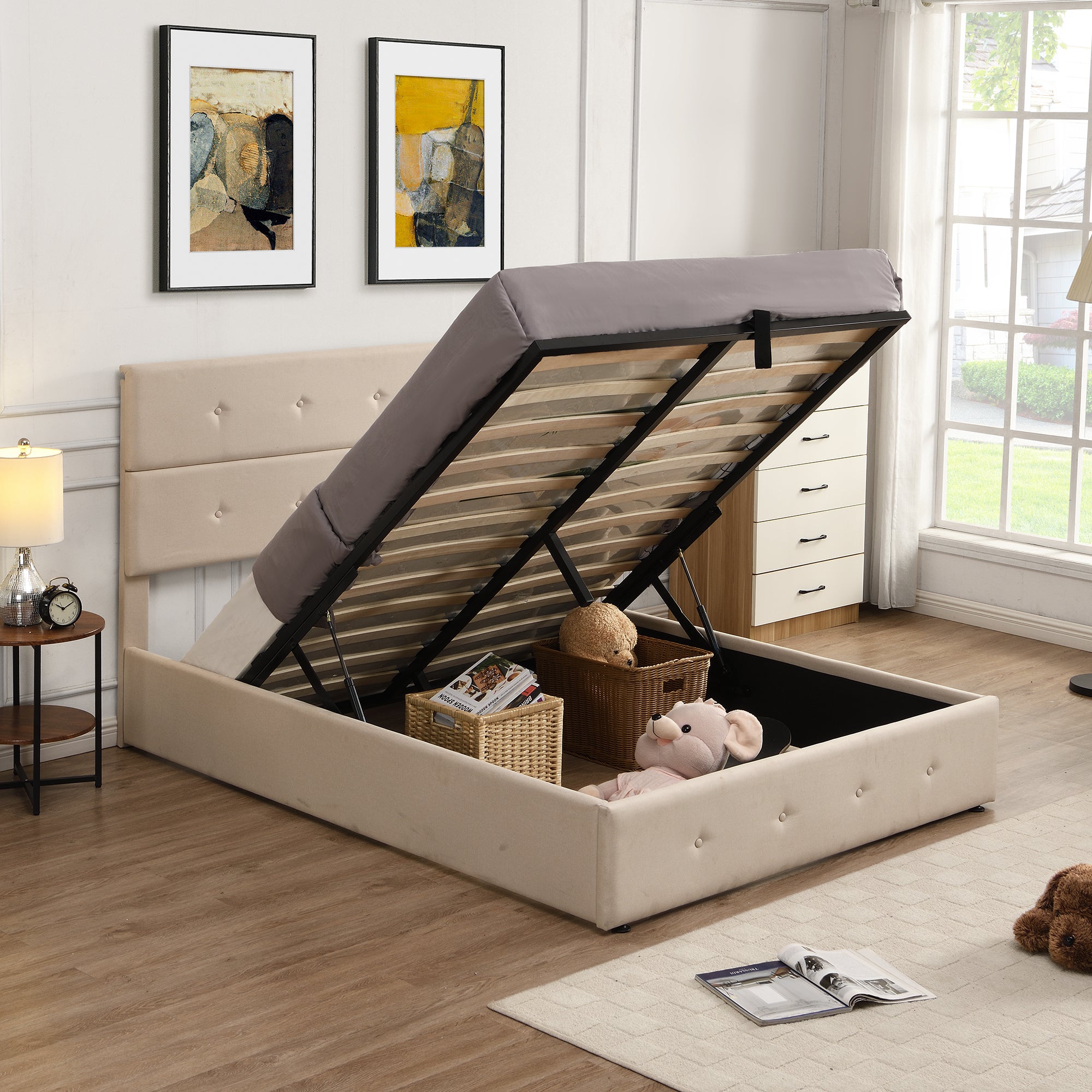 Upholstered Platform Bed with Underneath Storage,Full beige-linen
