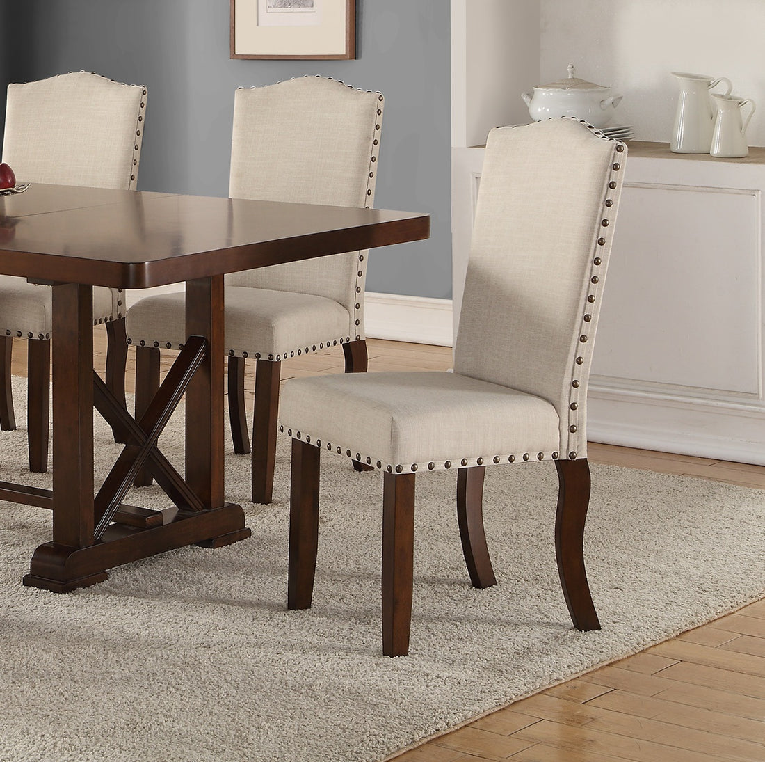 Classic Cream Upholstered Cushion Chairs Set Of 2Pc Dining Chair Nailheads Solid Wood Legs Dining Room Cream Brown Dining Room Classic,Modern Dining Chairs Rubberwood Solid Back Solid Wood