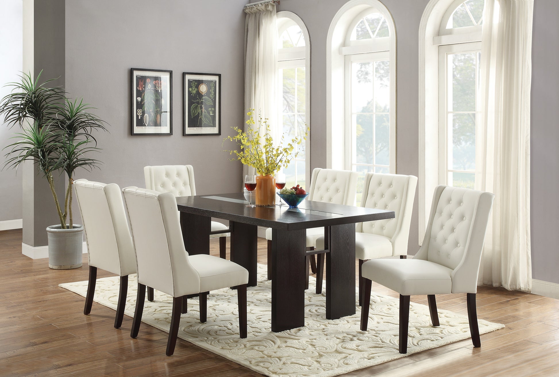 Contemporary White Faux Leather 7Pc Dining Set Solid Wood Dining Table